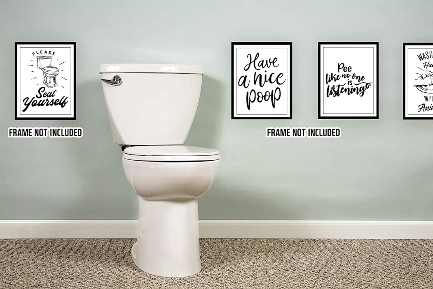 Divertidos carteles de baño (juego de 4 sin marco, 8 x 10 pulgadas), impresiones de decoración de pared de tipografía de baño, blanco y negro sin