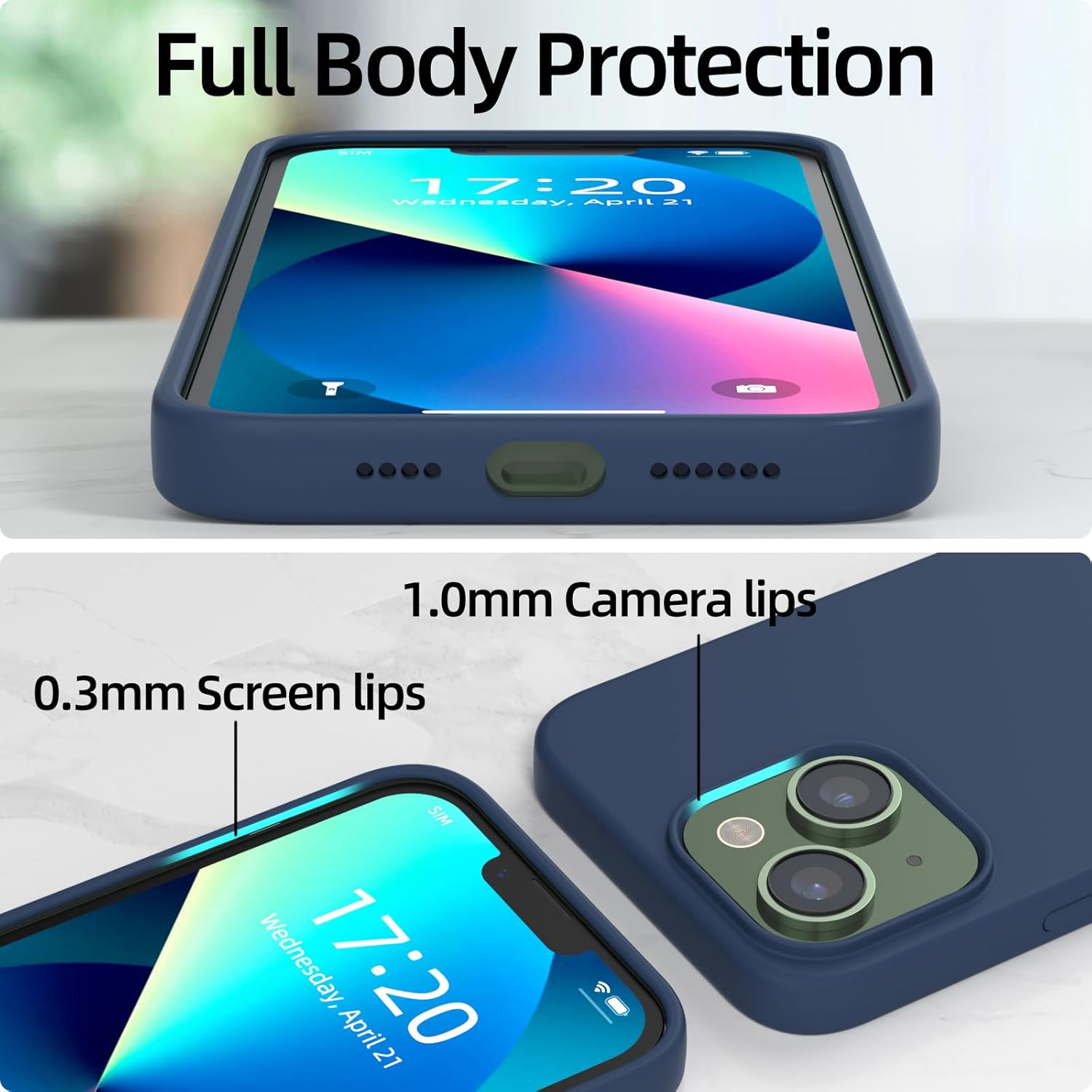 Funda para iPhone 13, funda de silicona a prueba de golpes, 2 protectores de pantalla + 1 protector de lente de cámara capa interior de microfibra