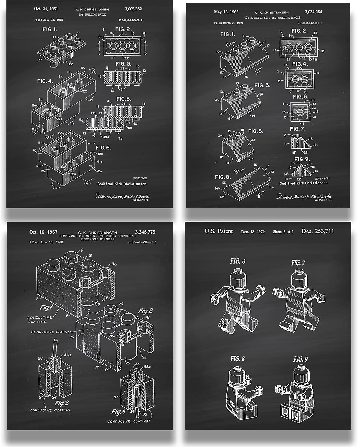 Govivo Legos Patent – Un conjunto de cuatro patentes de Lego – Impresiones decorativas de pared con fondos gris oscuro – ilustraciones sin marco