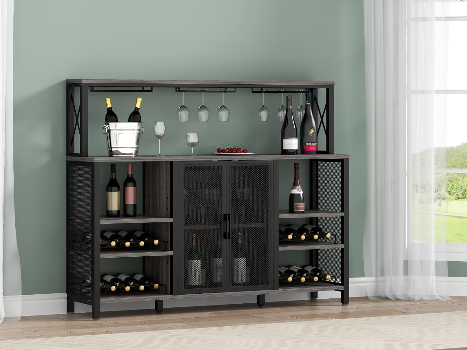 Gabinete de bar de vino, gabinete de barra de café industrial de 55 pulgadas con estante para vino y soporte para vasos, aparador de cocina con