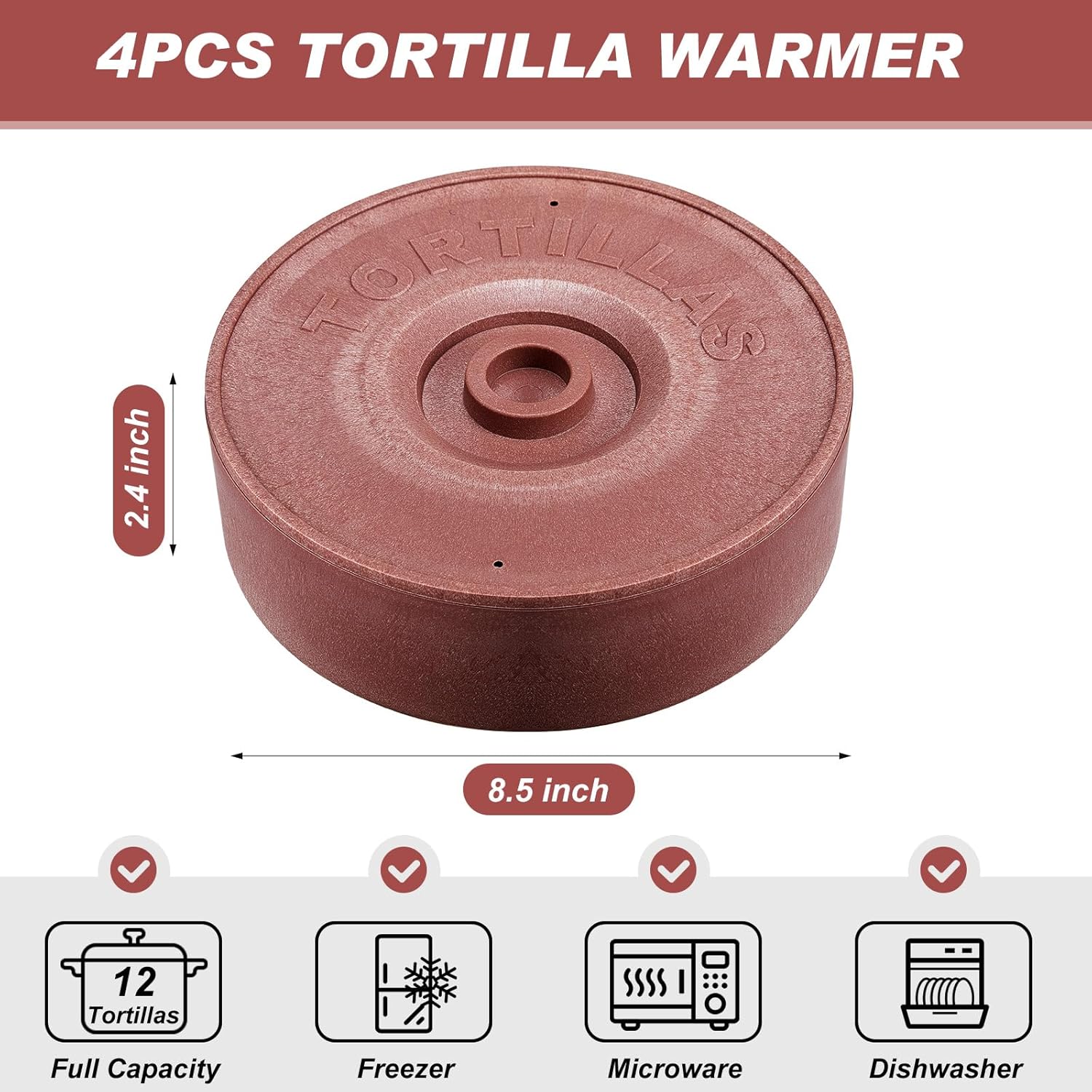 Sabary 4 calentadores de tortillas con tapa, recipiente de tortilla de plástico de 8.5 pulgadas de diámetro y 2.4 pulgadas de altura, recipiente de