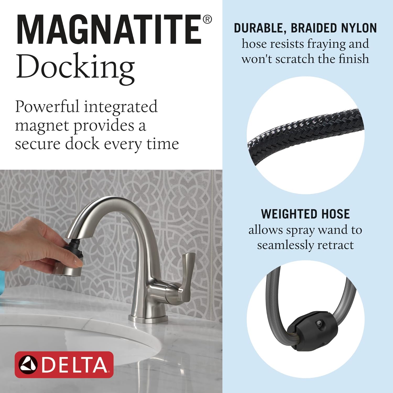 Delta Faucet Stryke Lumicoat – Grifo de baño extraíble, grifo de baño de níquel cepillado de un solo orificio con rociador extraíble, grifo de