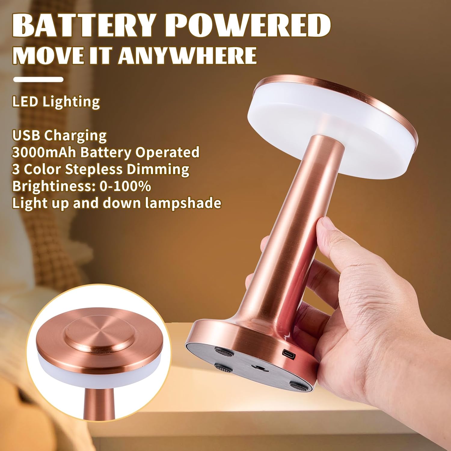 Lámpara de escritorio recargable con batería con sensor táctil, lámpara de mesa LED portátil inalámbrica, regulable de tres niveles, adecuada para
