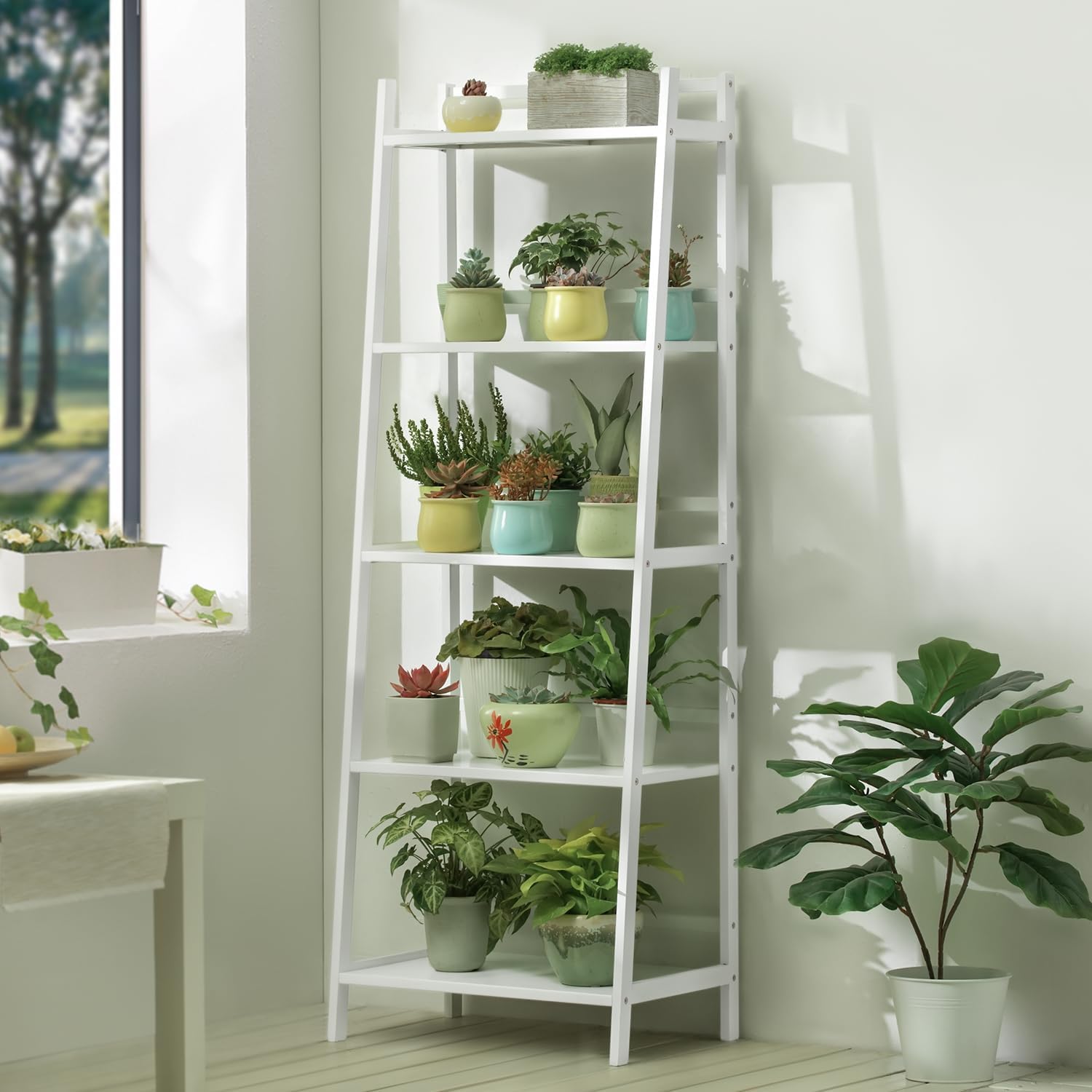 Magshion Organizador trapezoidal de bambú para escaleras, organizador de macetas de 5 niveles para interiores y exteriores, estante de exhibición de