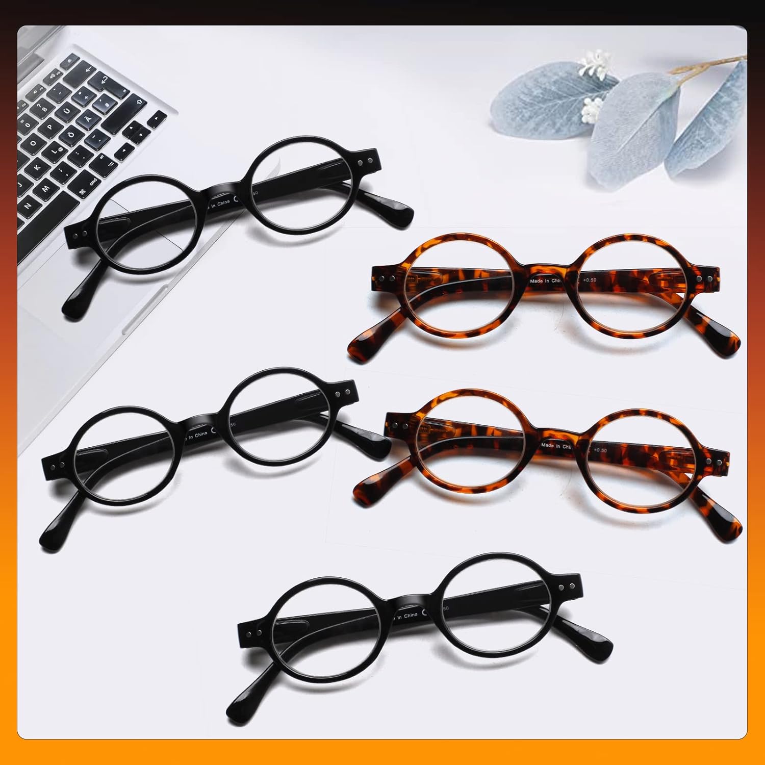 JOSCHOO Paquete de 5 lentes de lectura redondos retro, pequeños y cómodos, para mujeres y hombres