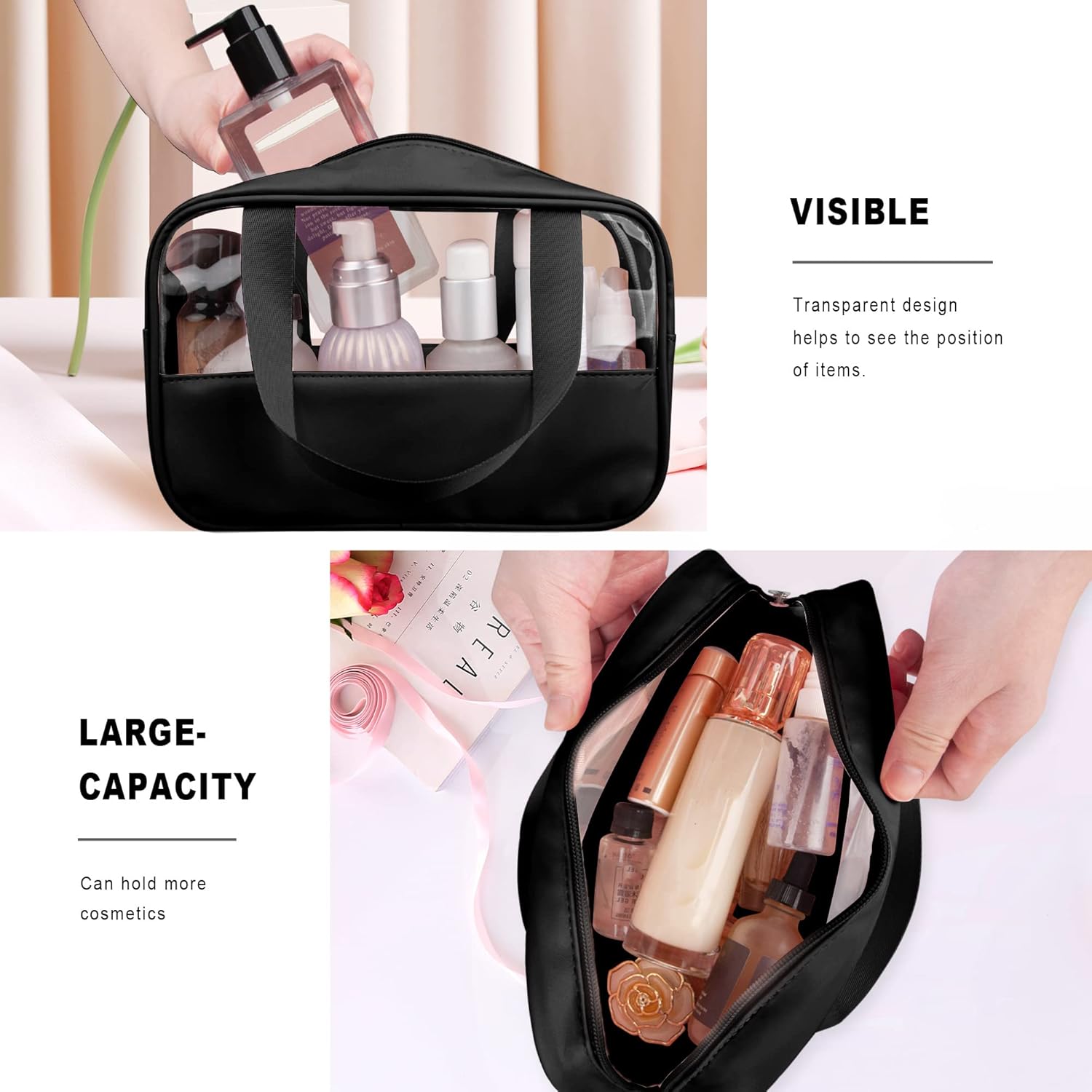 Bolsa de maquillaje transparente, juego de 2 bolsas de cosméticos, bolsa de maquillaje de viaje de PVC transparente, bolsa de aseo impermeable linda