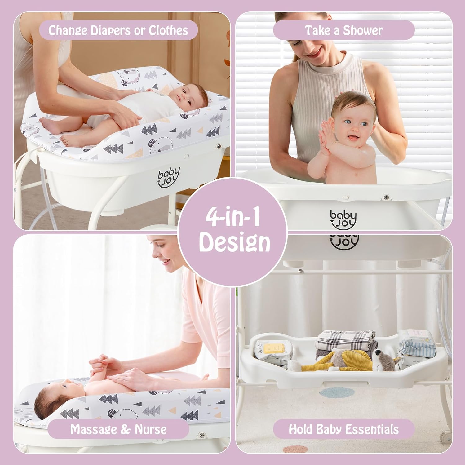 BABY JOY Bañera para bebé con cambiador, estación plegable para cambiar pañales con bandeja de almacenamiento, almohadilla impermeable, organizador