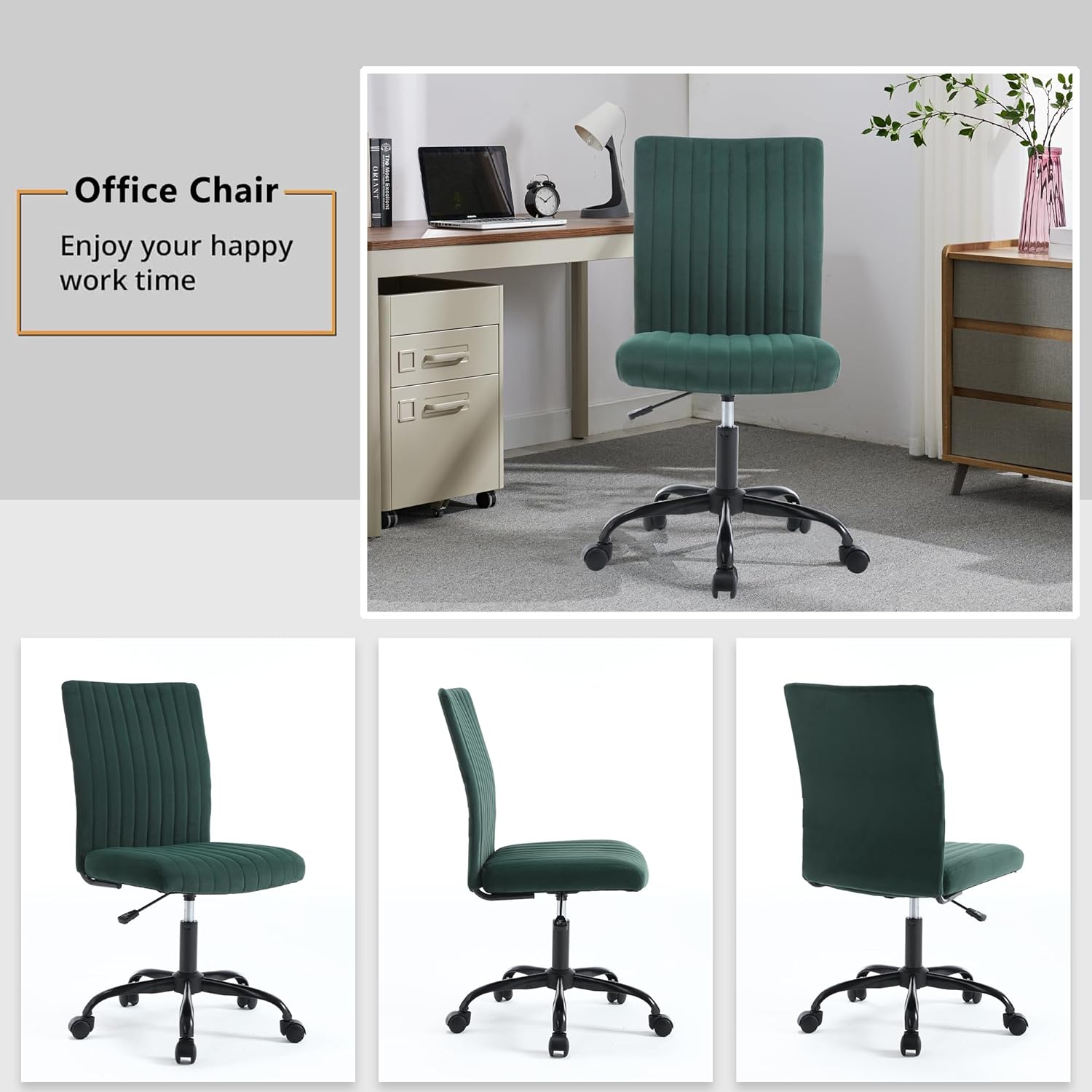 Silla de oficina sin brazos con ruedas, silla ergonómica de computadora de altura ajustable, silla de escritorio ejecutiva giratoria de 360 grados,