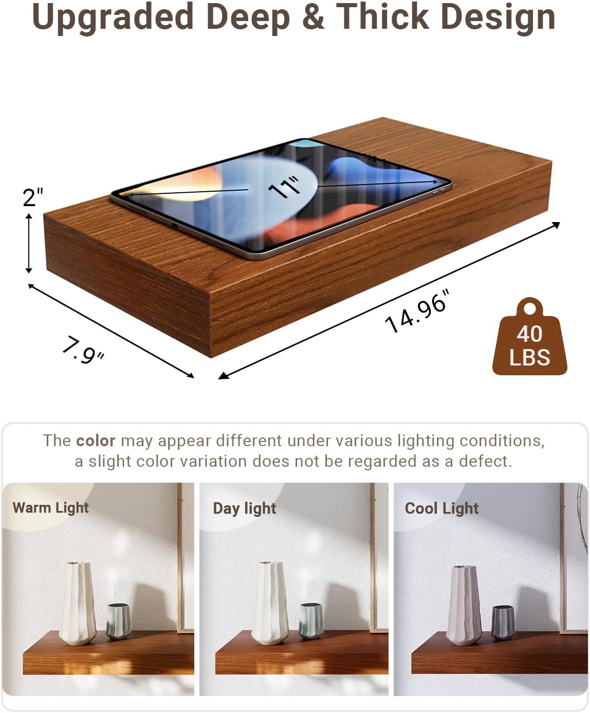 QueenFun Estantes flotantes para pared, estantes flotantes de madera más profundos y gruesos, 2 estantes de baño de 15 pulgadas para pared de