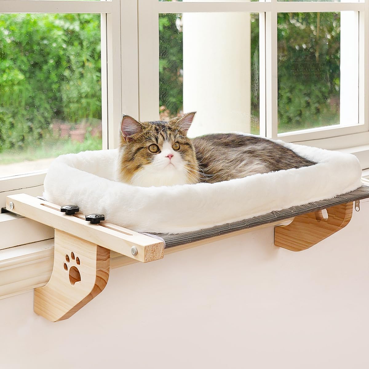 AMOSIJOY Asiento de hamaca resistente para gatos con funda de cama acolchada, marco de madera y metal para gatos grandes, fácil de ajustar alféizar
