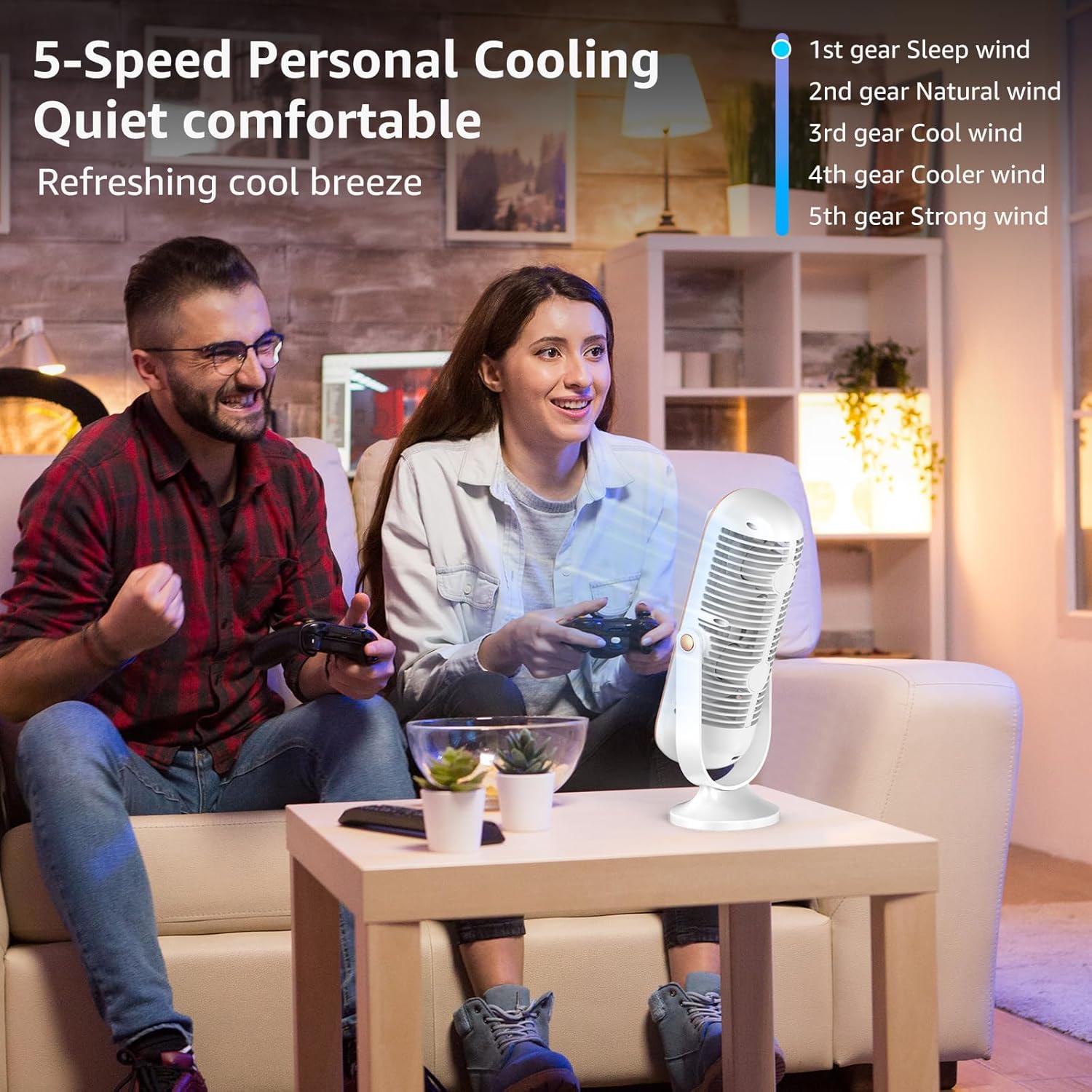 Ventilador de torre, ventilador de escritorio portátil con opciones de 5 velocidades, doble circulación de aire, ventilador de mesa silencioso