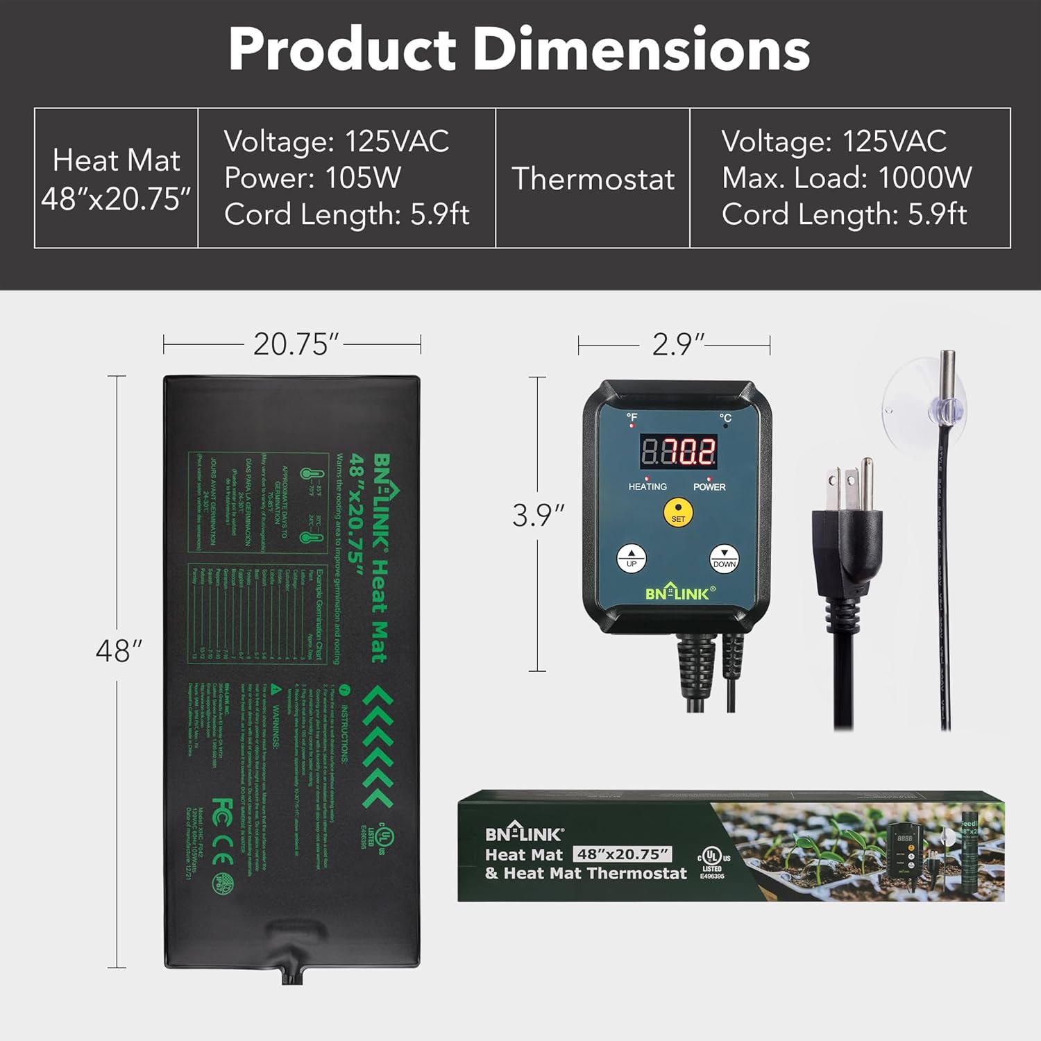 BN-LINK Alfombrilla térmica duradera para plántulas de 48 x 20.75 pulgadas con controlador de termostato digital, impermeable, para inicio de