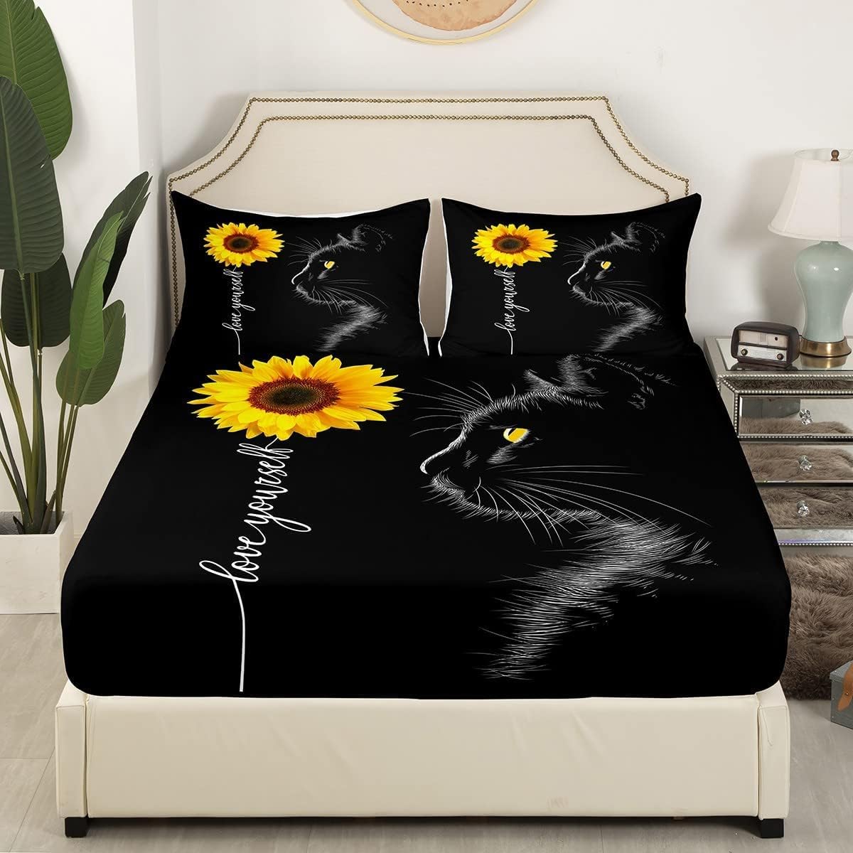Manfei Juego de sábanas bajeras de tamaño individual con diseño de gatos y girasoles rústicos, diseño de plantas románticas y florales botánicas