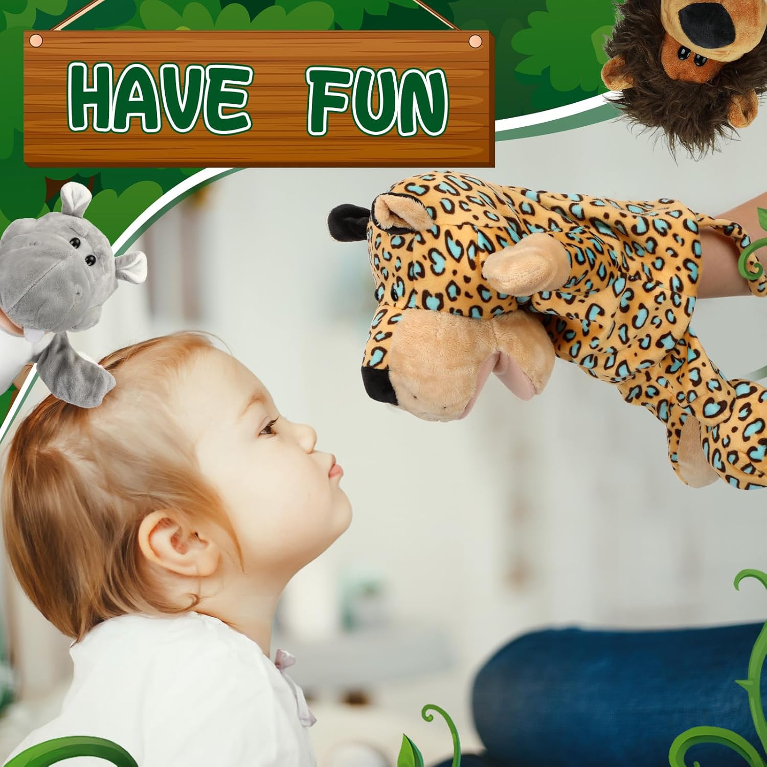 Juego de 10 títeres de mano de animales para niños, juguetes de selva de felpa suave con boca abierta y movible, amigo, safari, vida silvestre,