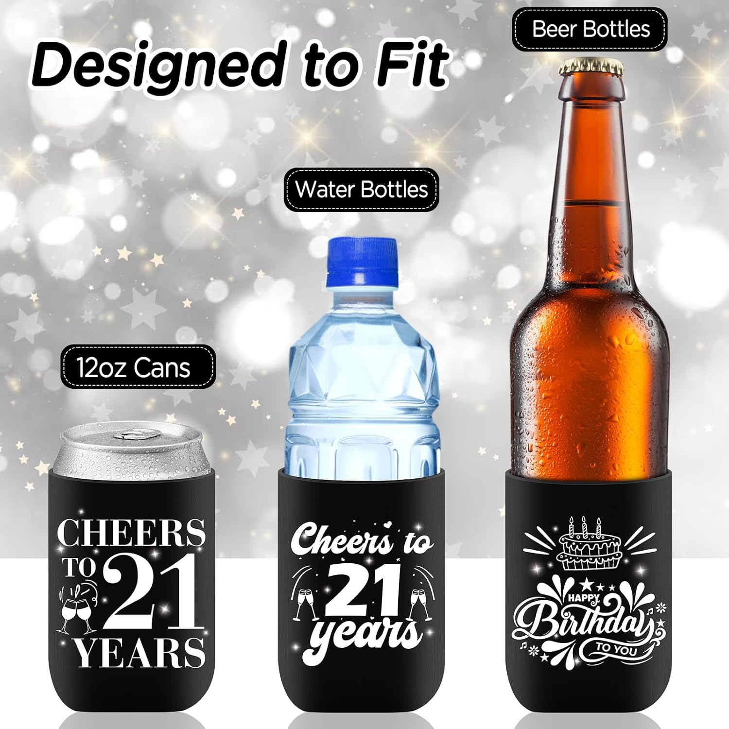 12 fundas enfriadoras para latas de cumpleaños de 21 años, color blanco y negro, decoraciones de cumpleaños 21 para hombres y mujeres, recuerdos de