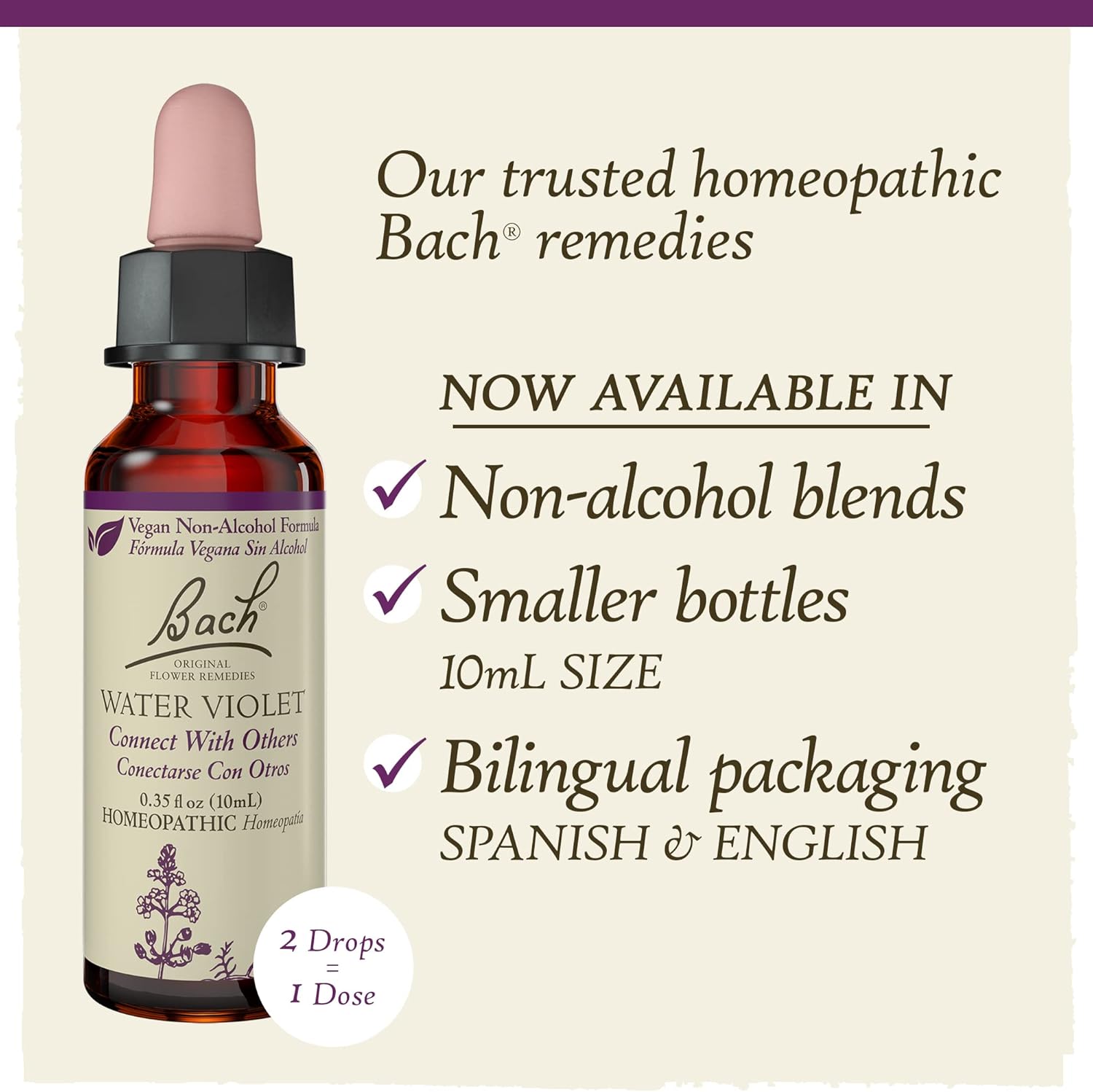 Bach Remedios florales originales, violeta agua para conectarse con otros (fórmula sin alcohol), esencia floral homeopática natural, bienestar