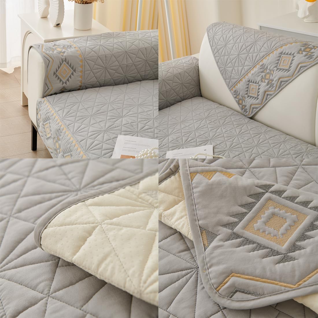 vctops Noly – Funda acolchada para sofá modular con bordado geométrico bohemio, funda antideslizante para sofá, protector de muebles para perros,