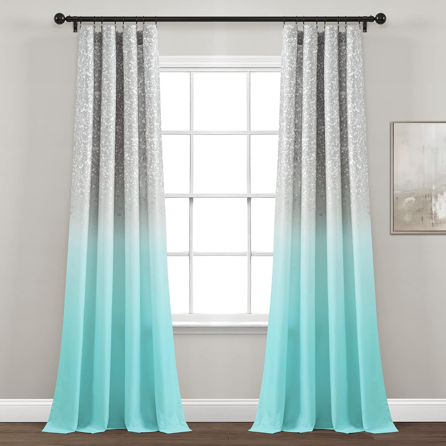 Lush Decor Par de paneles de cortinas para ventana con estampado metálico degradado con purpurina, 84 pulgadas de largo x 52 pulgadas de ancho,
