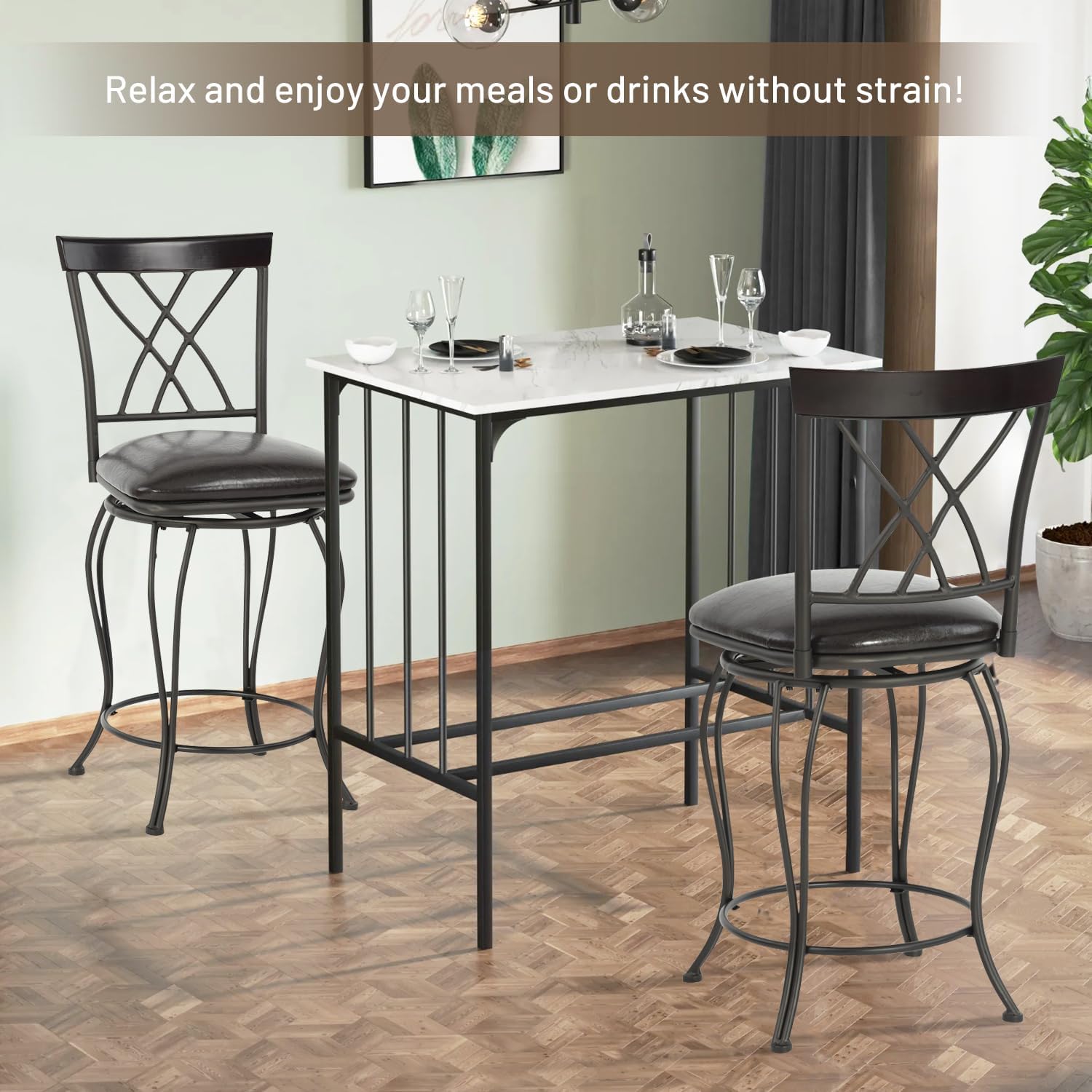 FurnitureR Juego de 2 taburetes de bar clásicos, elegantes taburetes de bar giratorios con respaldo de metal y reposapiés para cocina, isla, pub,