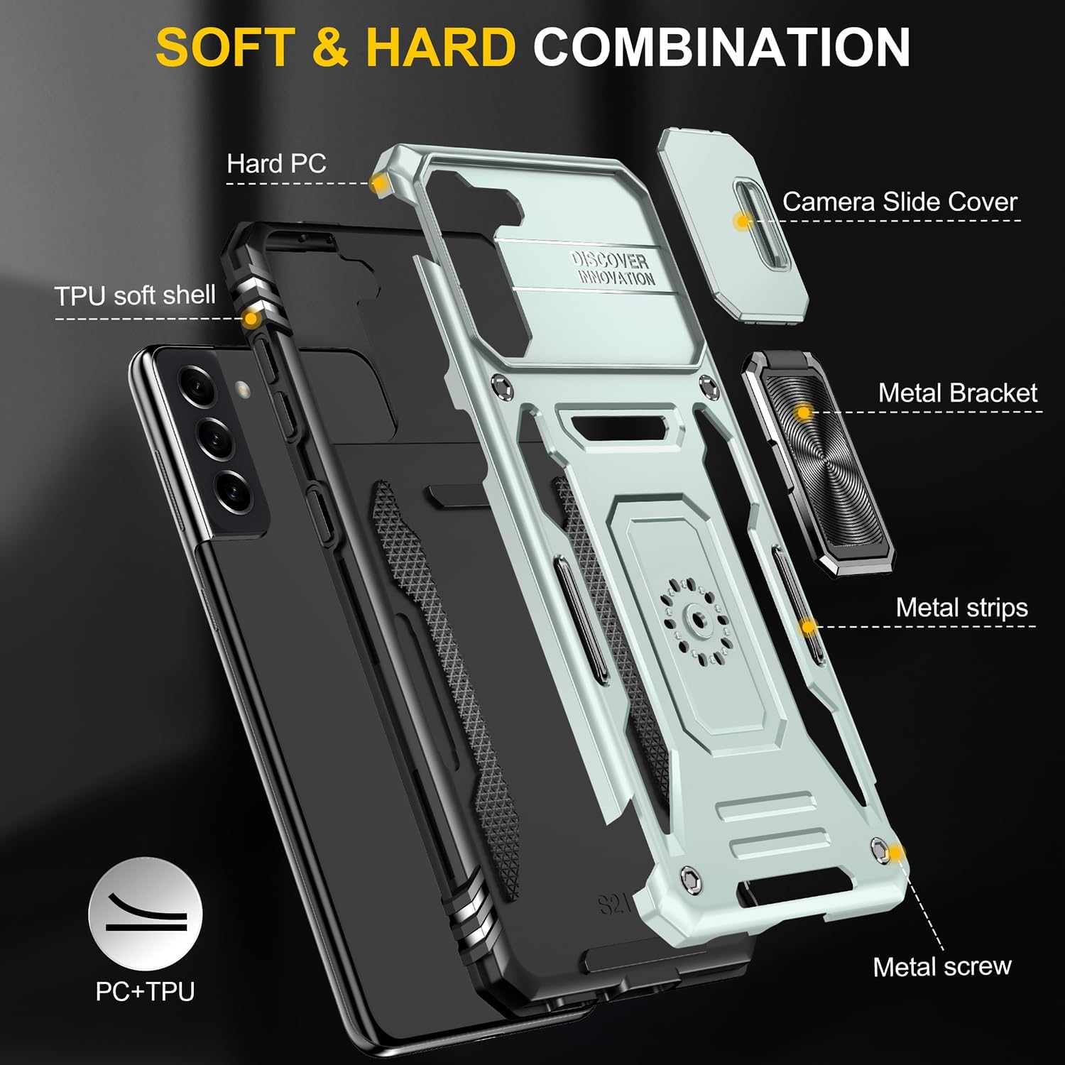 Funda para Samsung Galaxy S21 Plus S21+ Plus con cubierta deslizante para cámara con anillo de soporte de grado militar a prueba de golpes para