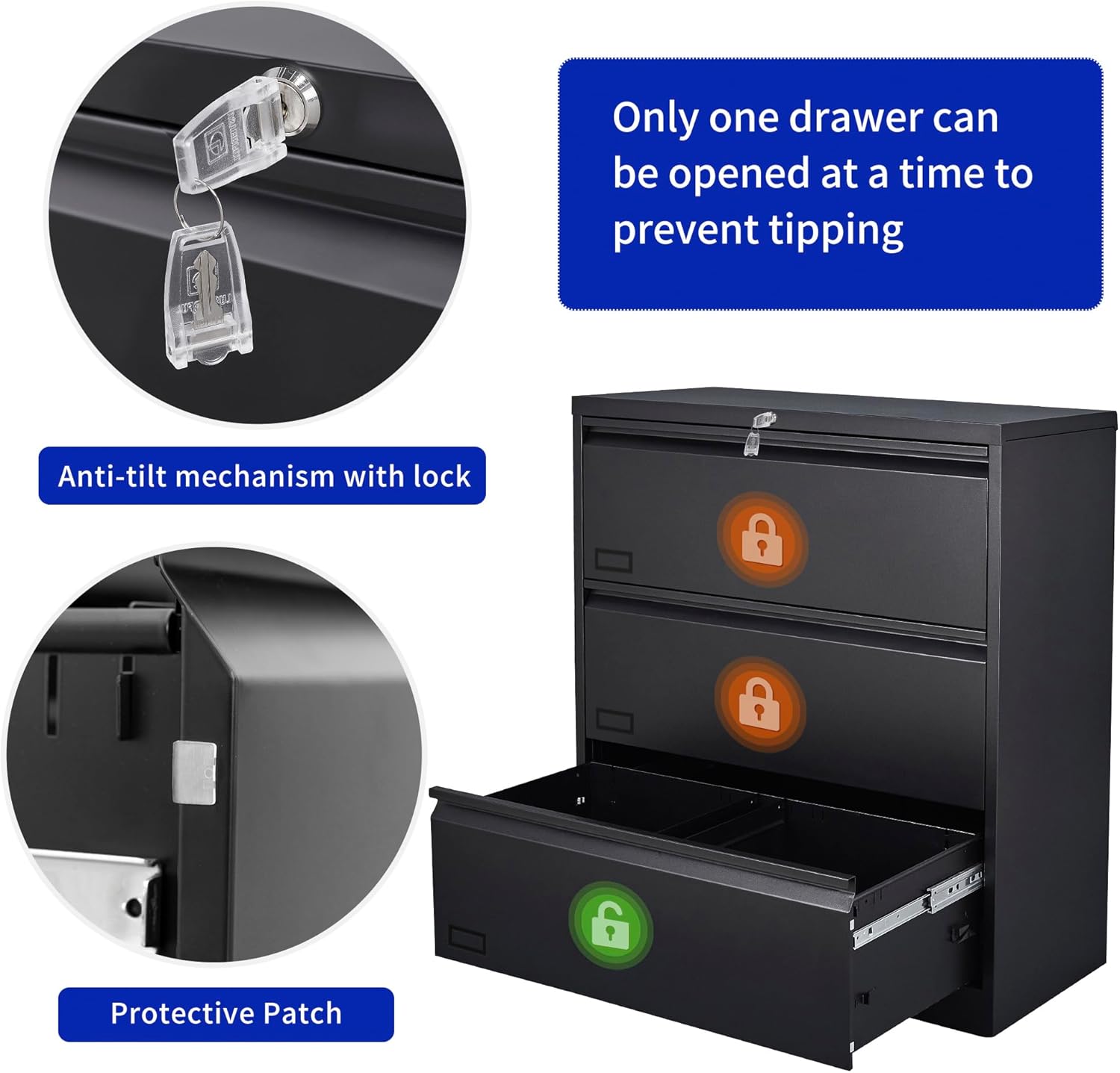 Archivador lateral con cerradura, archivadores laterales de metal inoxidable de 3 cajones, gabinetes de almacenamiento para oficina en casa para