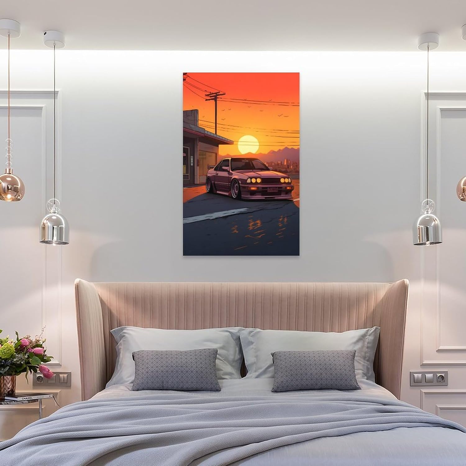 Arte de pared Puesta de sol y JDM – Póster japonés de coche deportivo para decoración de interiores, pintura de pared, póster de arte de pared,