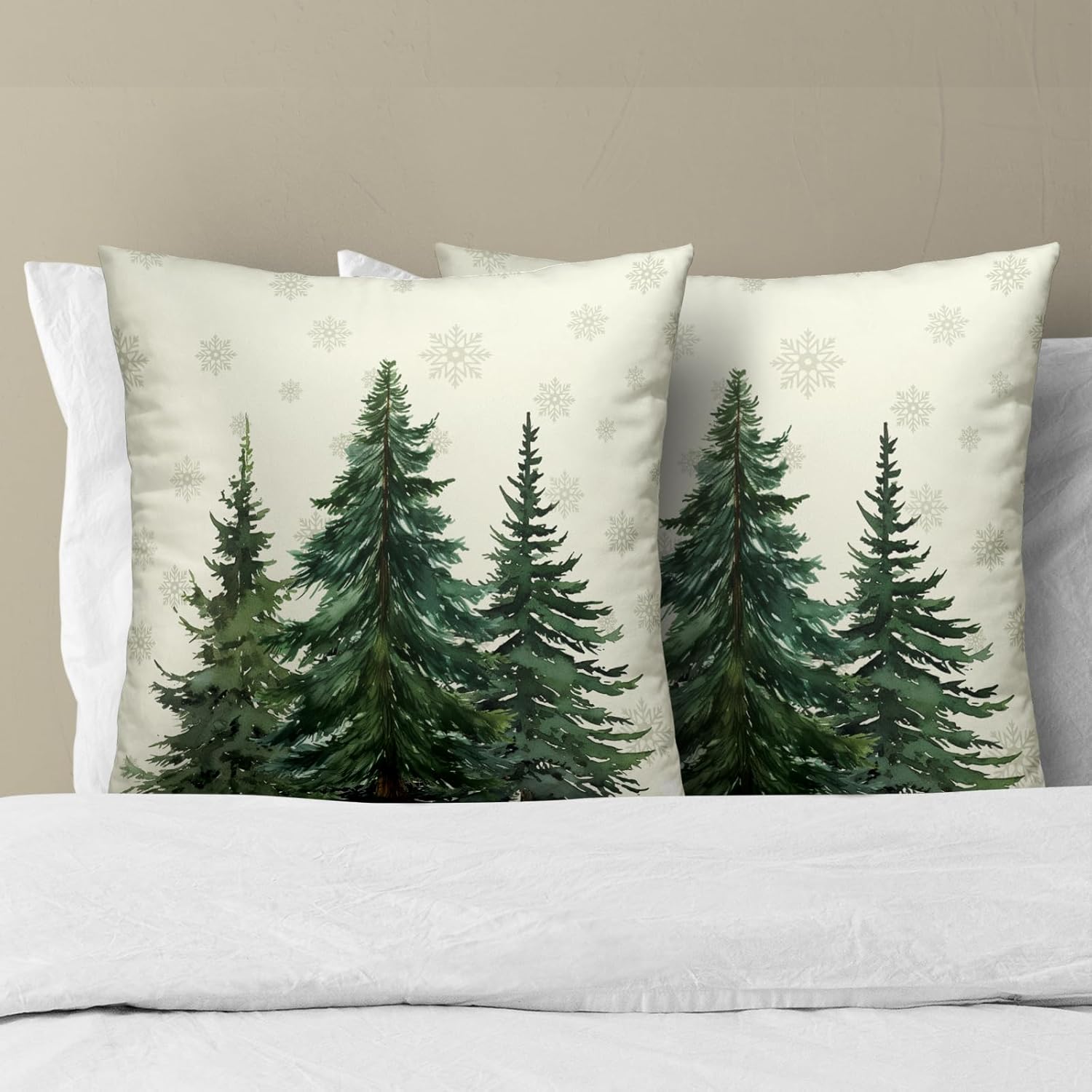 Juego de 2 fundas de almohada de bosque de pinos de 22 x 22 pulgadas, color verde nieve, cedro y abeto beige, fundas decorativas de invierno para