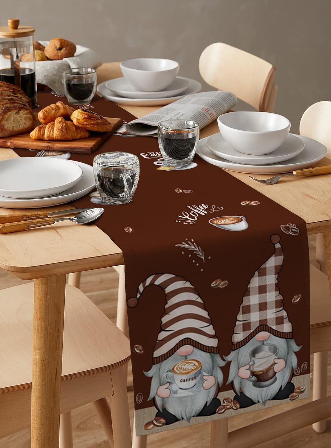 Coffee Time – Bufandas de mesa marrones, lindos gnomos de granos de café, lino y algodón, caminos de mesa para cocina, comedor, cafetería,