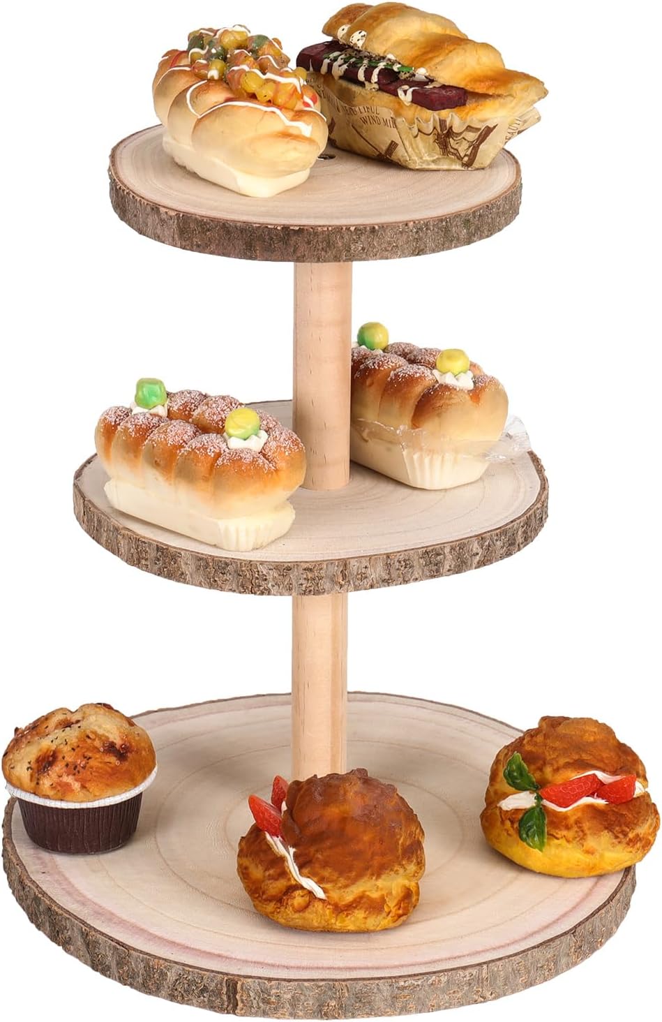 Soporte de torre de 3 niveles para cupcakes, rústico, redondo, de madera, para postres y pasteles, para boda, cumpleaños, graduación, fiesta de té