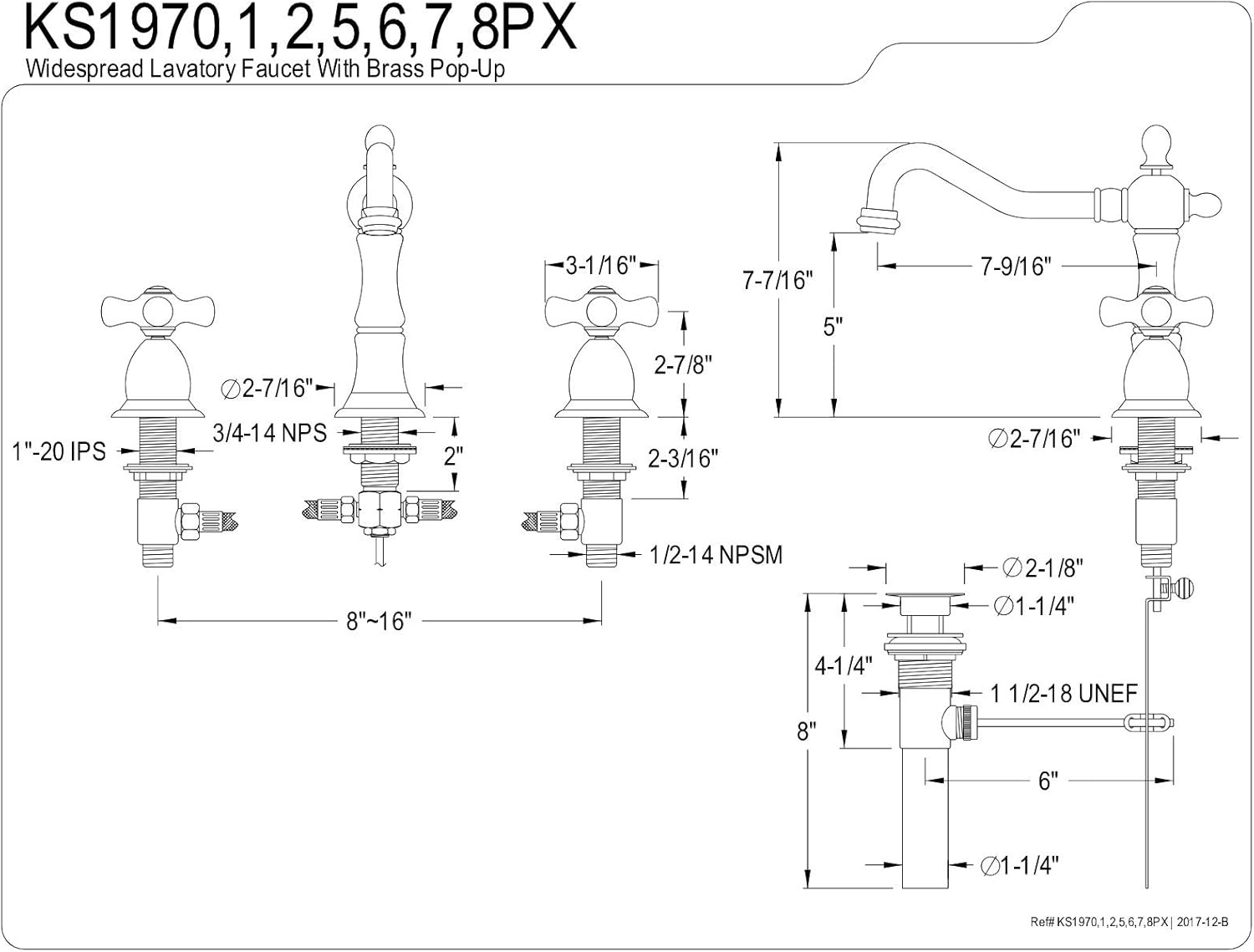 Elements of Design ES1978PX Baltimore – Grifo de lavabo generalizado de 2 manijas de 8 a 14 pulgadas con ventana emergente de latón, 7-12 pulgadas,