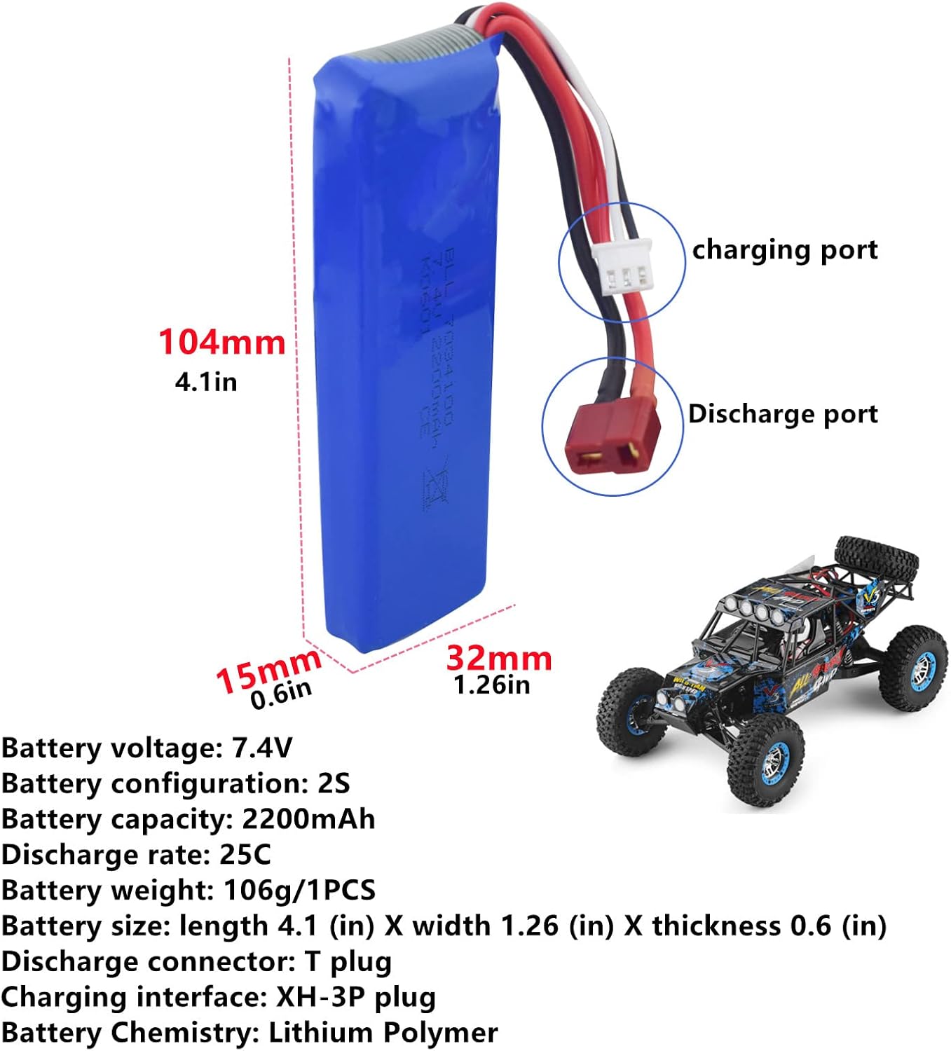 Fytoo Batería de litio de 2 piezas de 7.4 V 2200 mAh con cargador 2 en 1 para WLtoys K949 10428 10428-A L202 RC de control remoto de alta velocidad