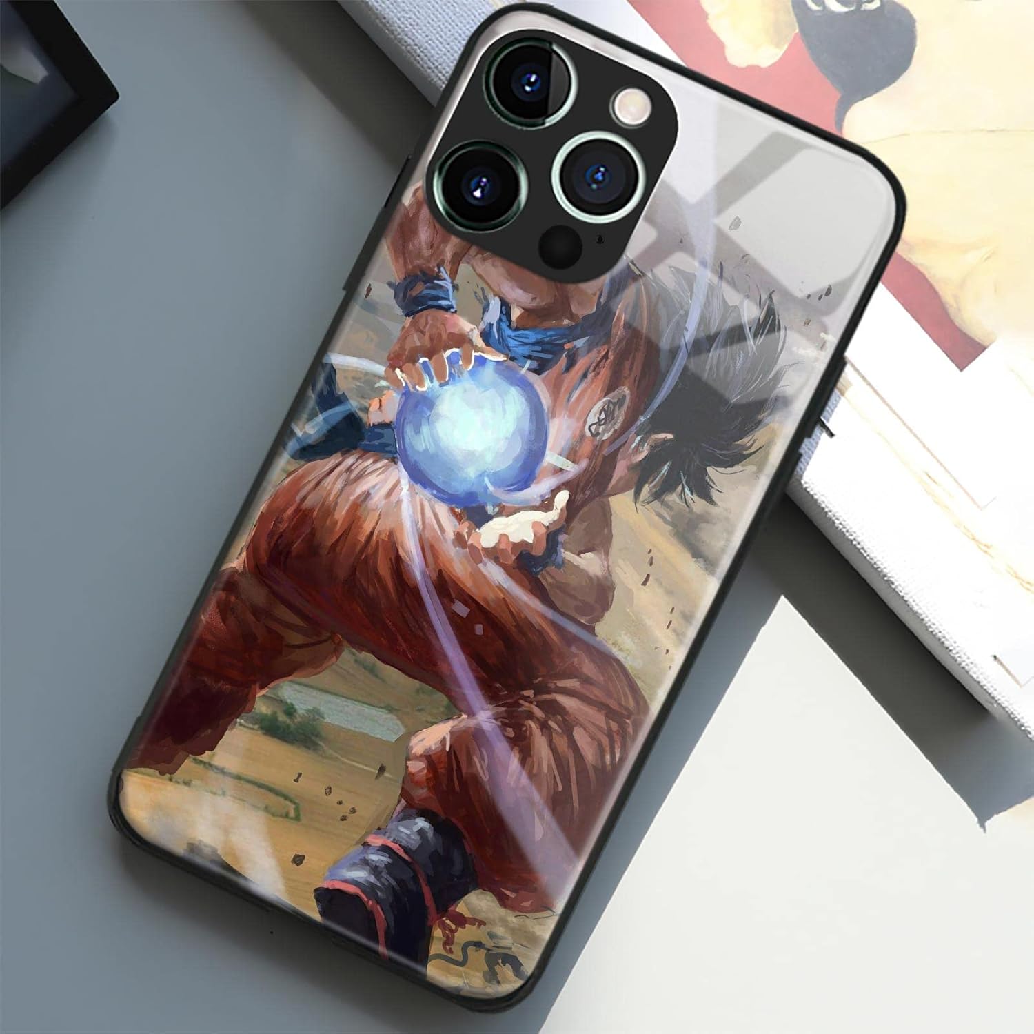 Carcasa de anime japonés anticaídas, diseño de manga antideslizante, de vidrio brillante para teléfono celular (para iPhone 14 Pro Max, Goku