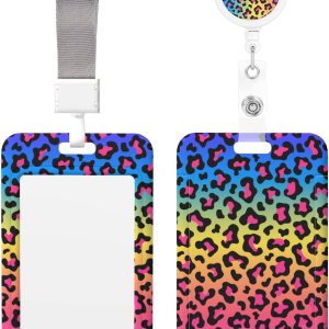 Soporte para tarjeta de identificación con cordón separable y clip retráctil para carrete, tarjeta de leopardo de color arcoíris neón, etiqueta de Soporte para tarjeta de identificación con cordón separable y clip retráctil para carrete, tarjeta de leopardo de color arcoíris neón, etiqueta de