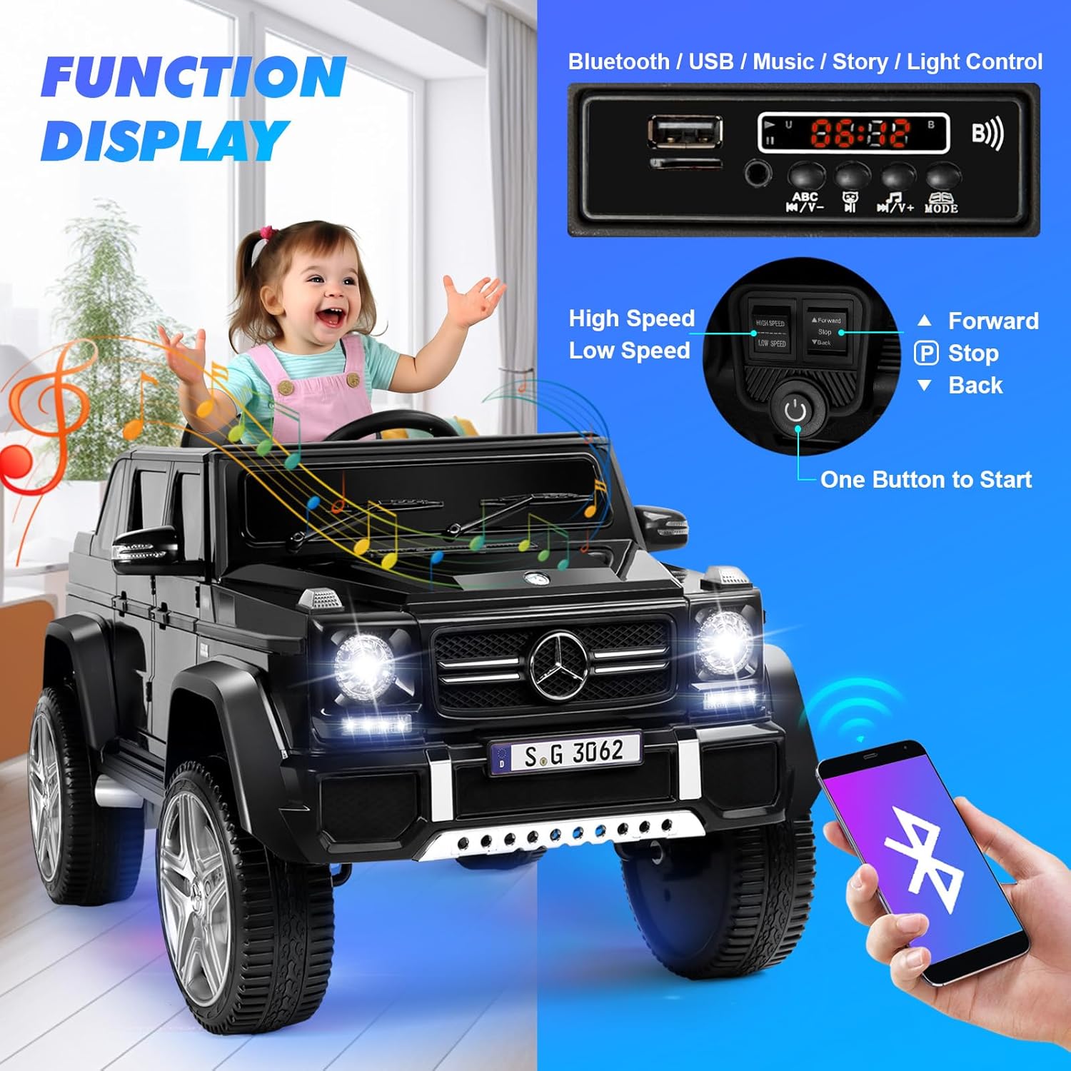 JOYLDIAS Mercedes-Benz G650S – Auto de paseo para niños, camión de paseo para niños 12V7AH con control remoto de 2.4 GHz, 3 velocidades, Bluetooth,