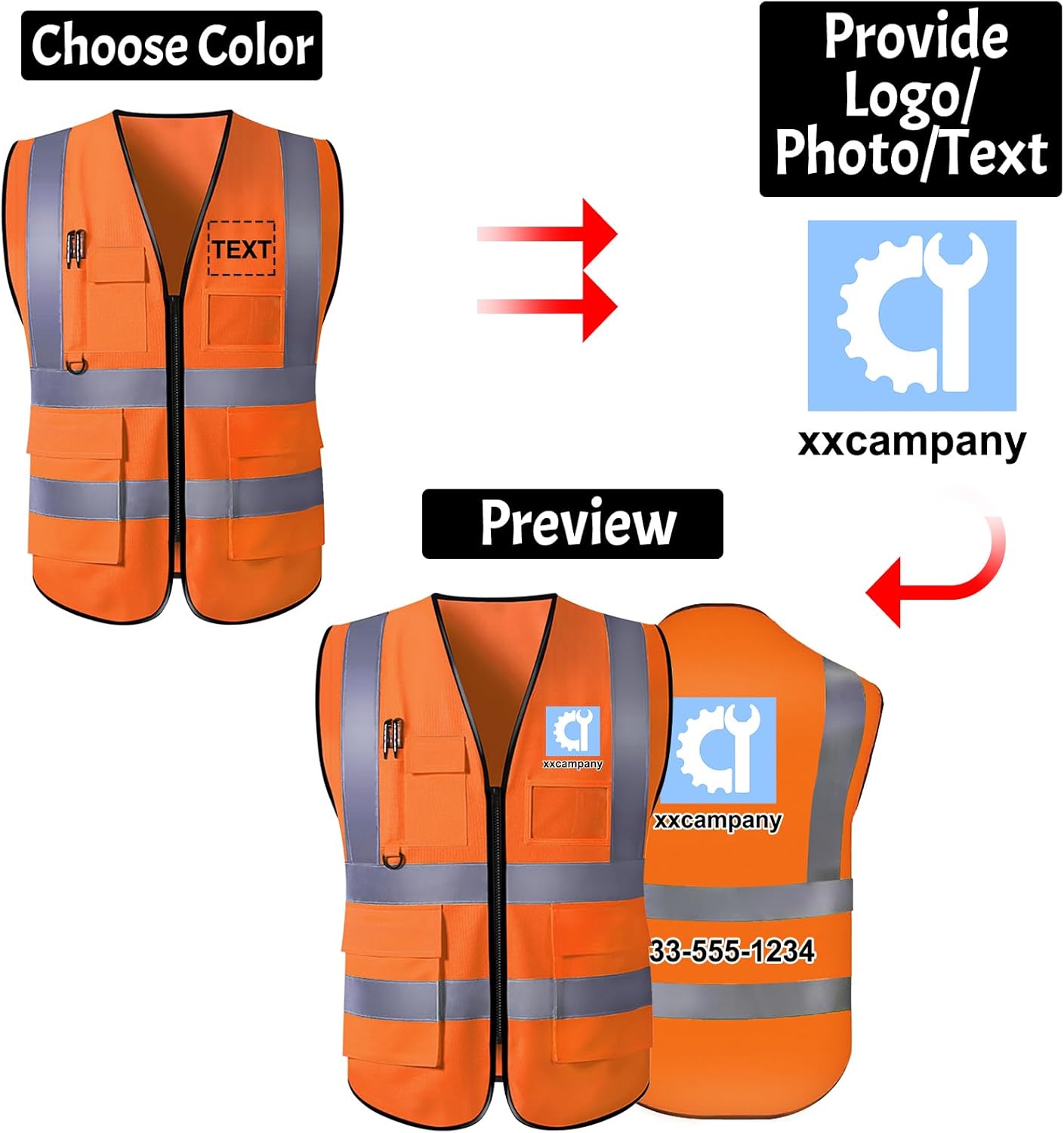 Chaleco de seguridad personalizado de alta visibilidad, reflectante, con logotipo, bolsillo para fotos, cremallera, personalizable, clase 2, para