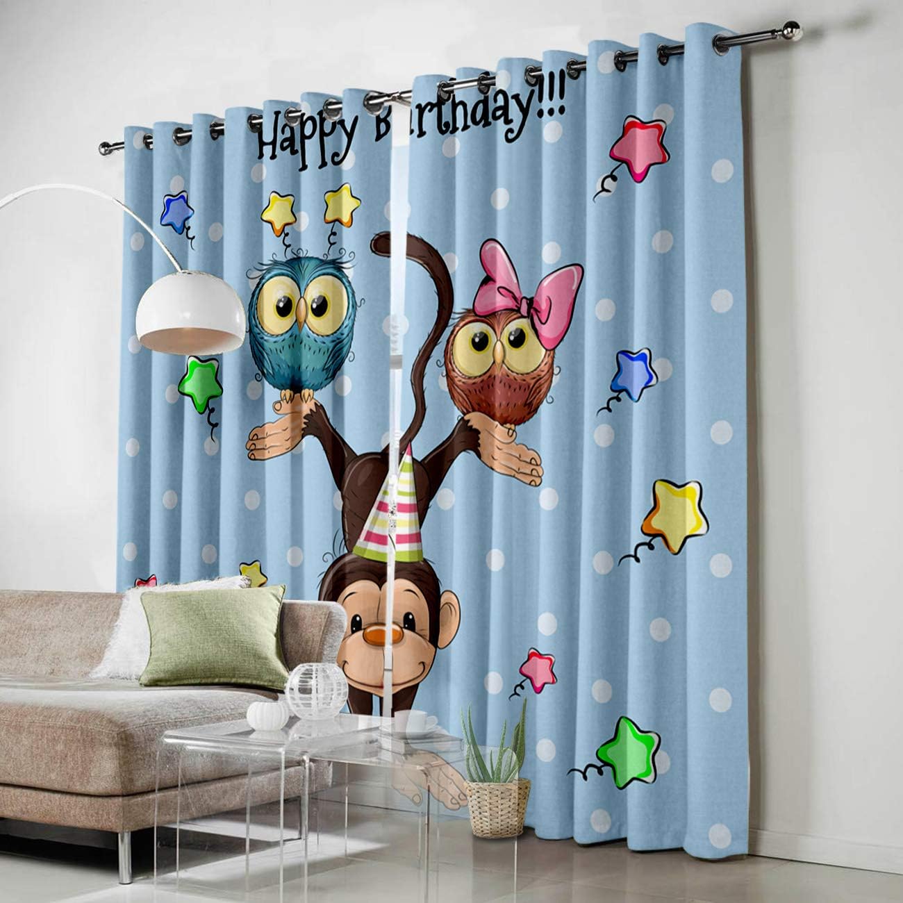 FortuneHouse Blackout Curtains Thermal Insulated Birthday Blessing Cute Monkey Owls Stars Solid Pattern Metal Grommet Elegant Room Drapes Window