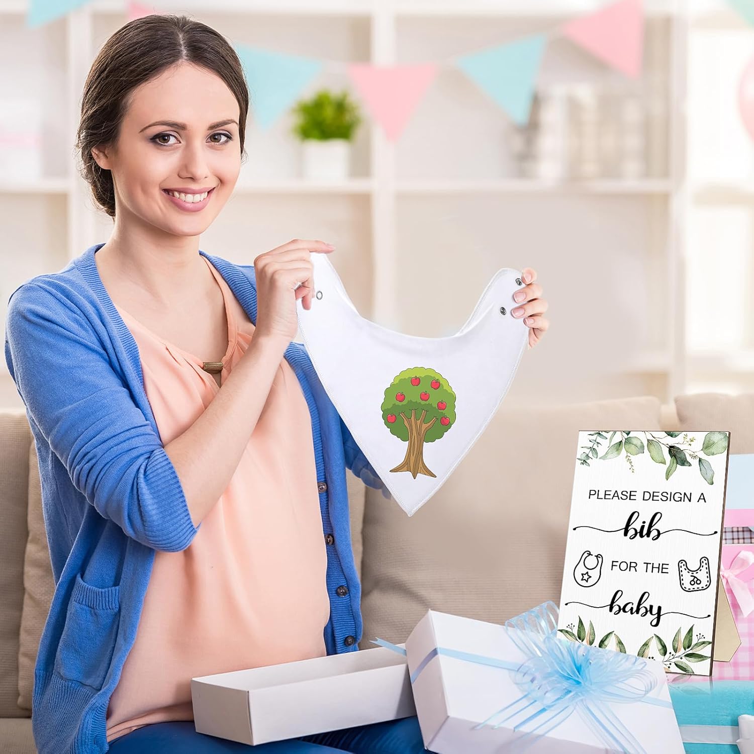 Qunclay Juego de 36 baberos para baby shower, diseño de babero para bebé, 25 baberos blancos en blanco para bebé, 1 letrero de babero de madera, 10