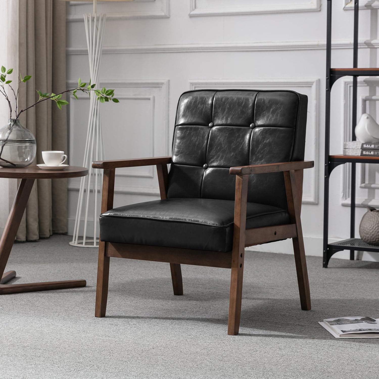 Okeysen Silla decorativa moderna de mediados de siglo, silla auxiliar retro de madera y cuero, cómoda silla de lectura para sala de estar,