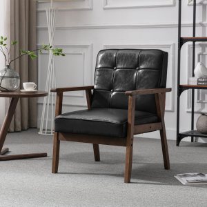 Okeysen Silla decorativa moderna de mediados de siglo, silla auxiliar retro de madera y cuero, cómoda silla de lectura para sala de estar, Okeysen Silla decorativa moderna de mediados de siglo, silla auxiliar retro de madera y cuero, cómoda silla de lectura para sala de estar,