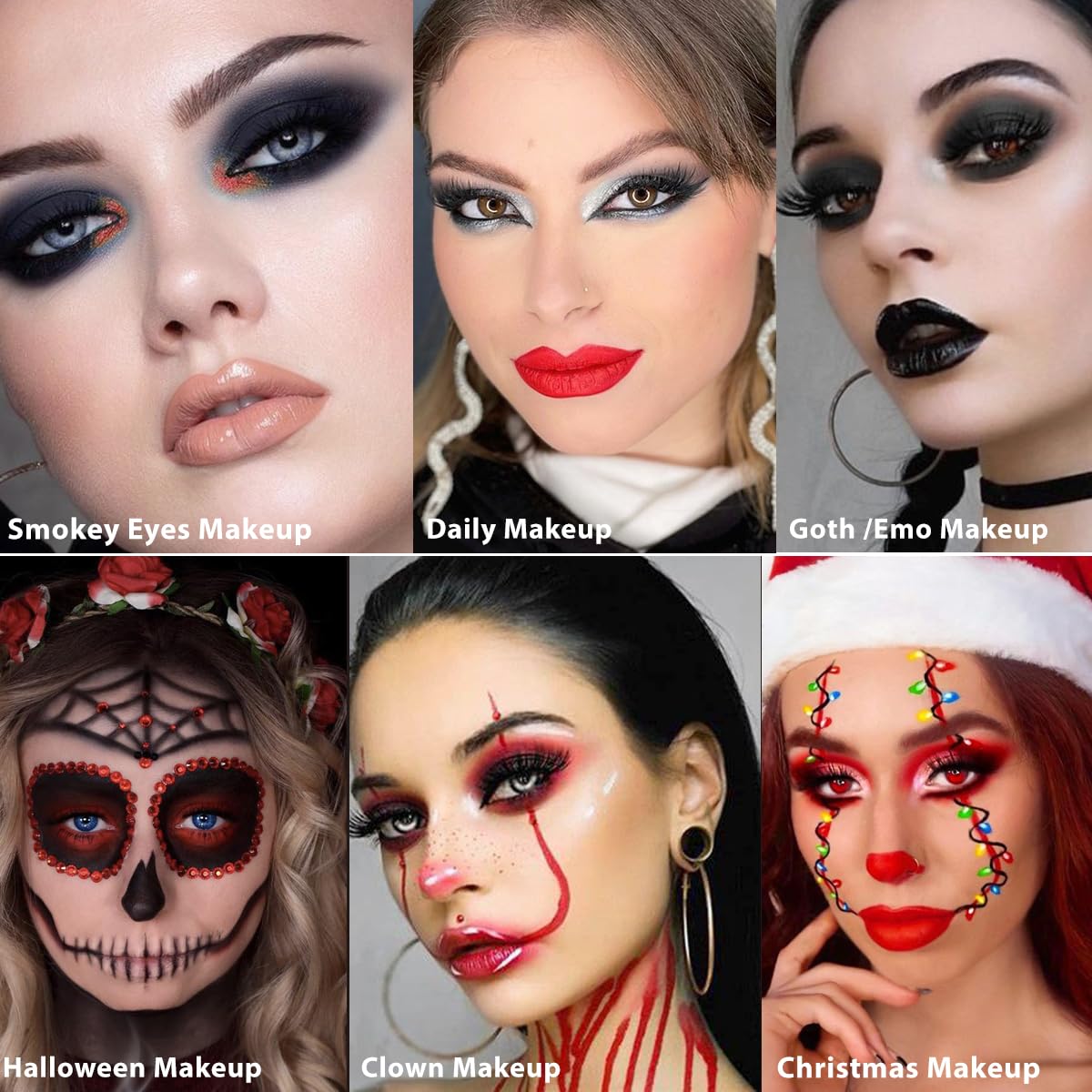 Afflano Paleta de sombras de ojos negra y roja, maquillaje de payaso gótico de Halloween, paleta de sombra de ojos blanca plateada con purpurina
