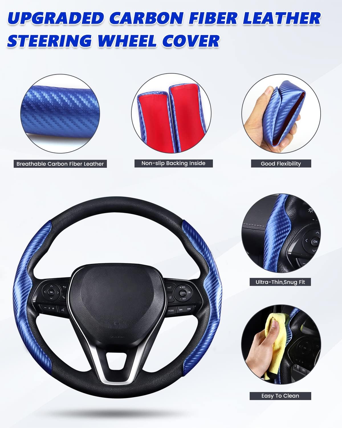 Karltys Funda para volante, 2 unidades, color azul, de fibra de carbono, antideslizante, cálida en invierno, agarre segmentado para volante,