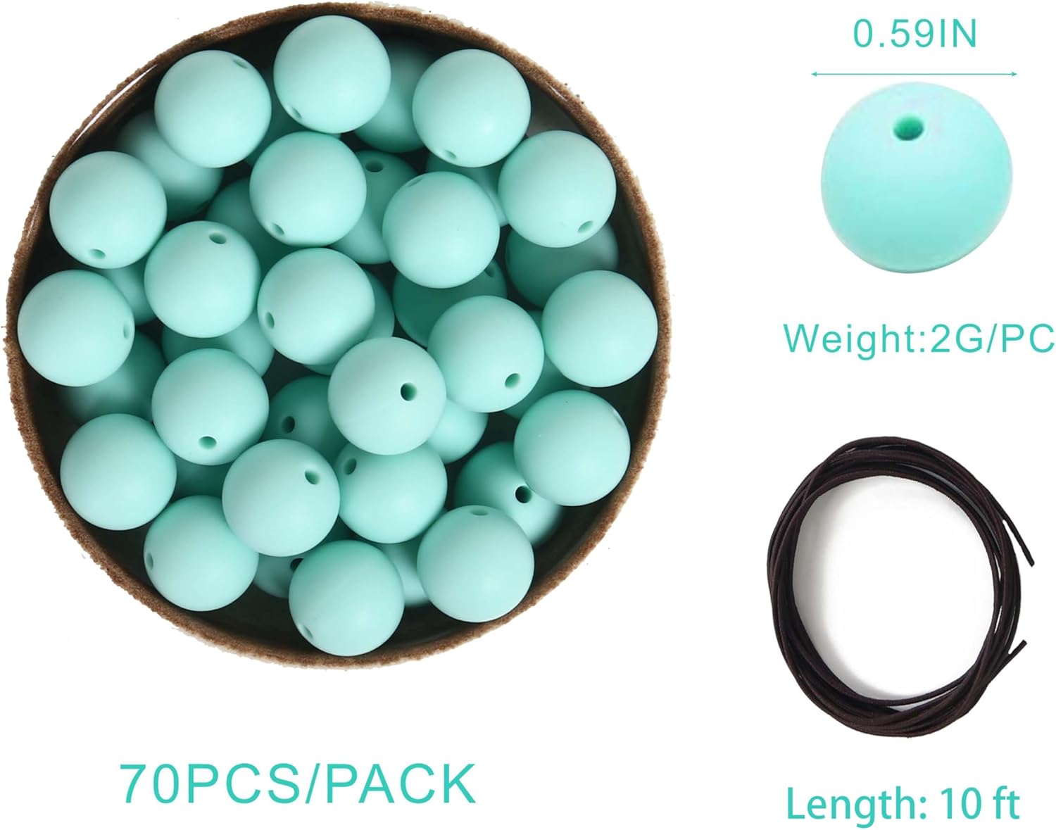 70 cuentas de silicona con cuerda elástica de 10 pies, cuentas de silicona de 0.59 pulgadas para hacer llaveros, cuentas de silicona a granel para