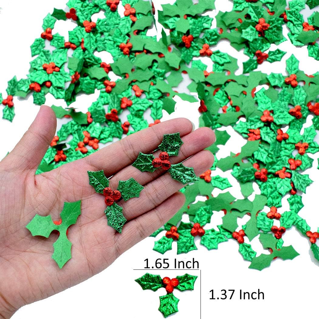 Confeti de Navidad pequeñas hojas de acebo brillantes para manualidades y decoración de mesa de fiesta de Navidad, 150 piezas
