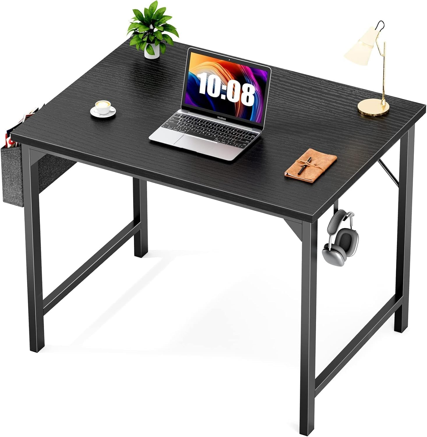 Sweetcrispy Escritorio – Mesa pequeña de madera de 32 pulgadas con bolsa de almacenamiento y gancho de hierro para el hogar, dormitorio, color negro