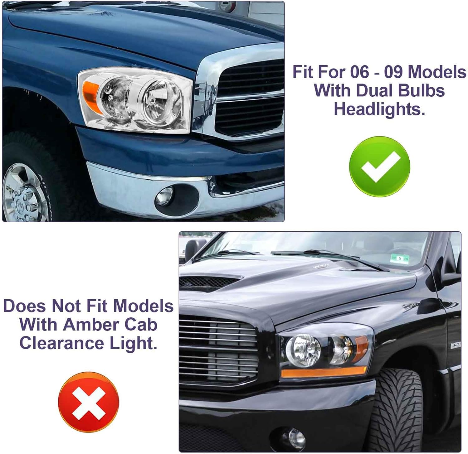 Conjunto de faros delanteros compatible con Dodge Ram 1500 06, 07 08, 2006, 2007, 2008, 2009, Ram 25003500, lado del conductor y del pasajero
