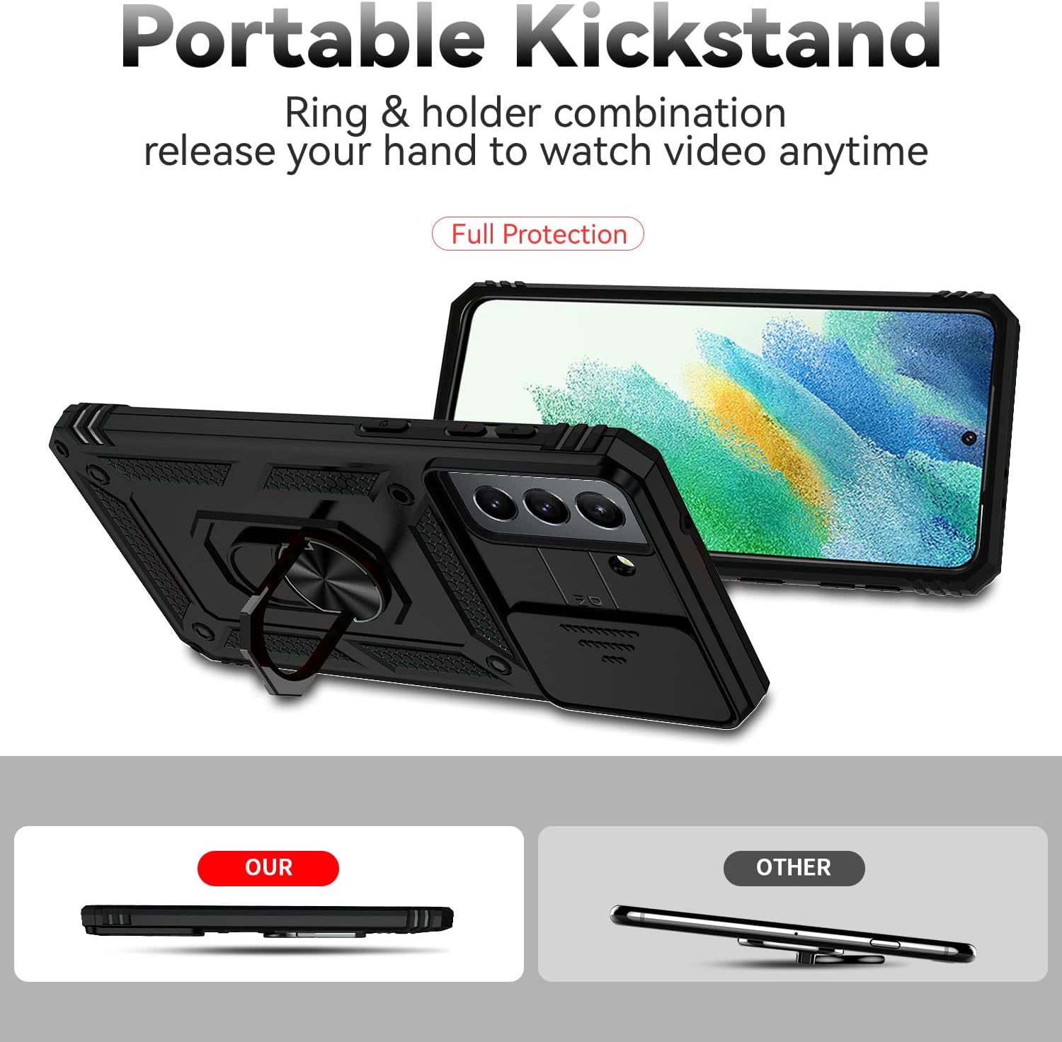 YZOK Funda para Galaxy S21 FE 5G, con cubierta para lente de cámara, protector de pantalla HD, grado militar anillo de montaje en coche con soporte