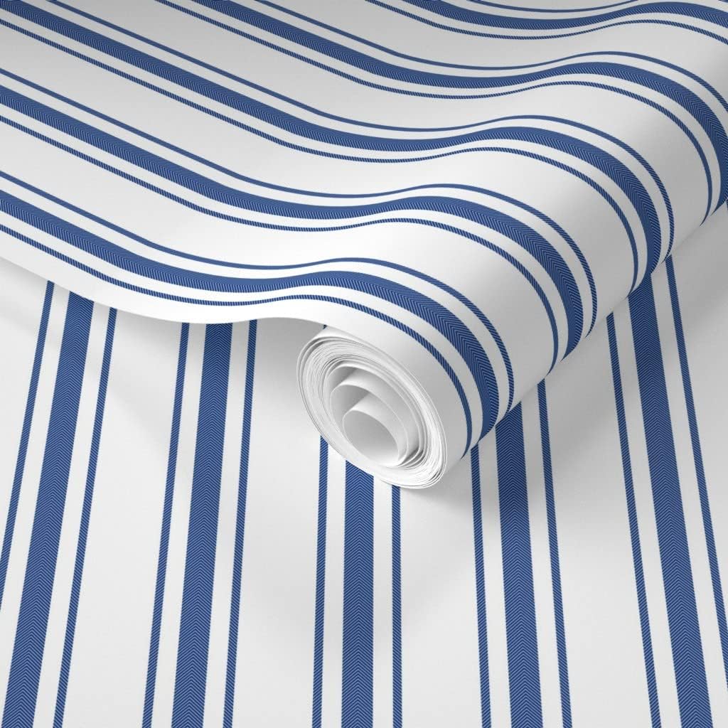 Spoonflower Removable Wallpaper 3ft x 2ft – French Ticking Stripes Striped Pattern Dark Blue White Farmhouse Custom Pre-Pasted Wallpaper