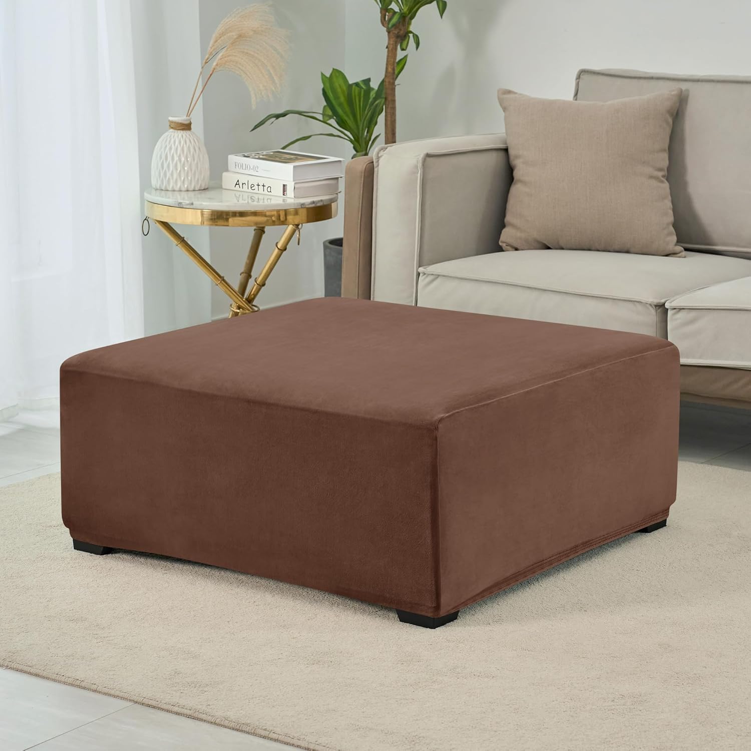 HFCNMY Funda otomana cuadrada, de terciopelo elástico, funda otomana cuadrada, funda otomana gruesa, lavable, funda otomana de almacenamiento con