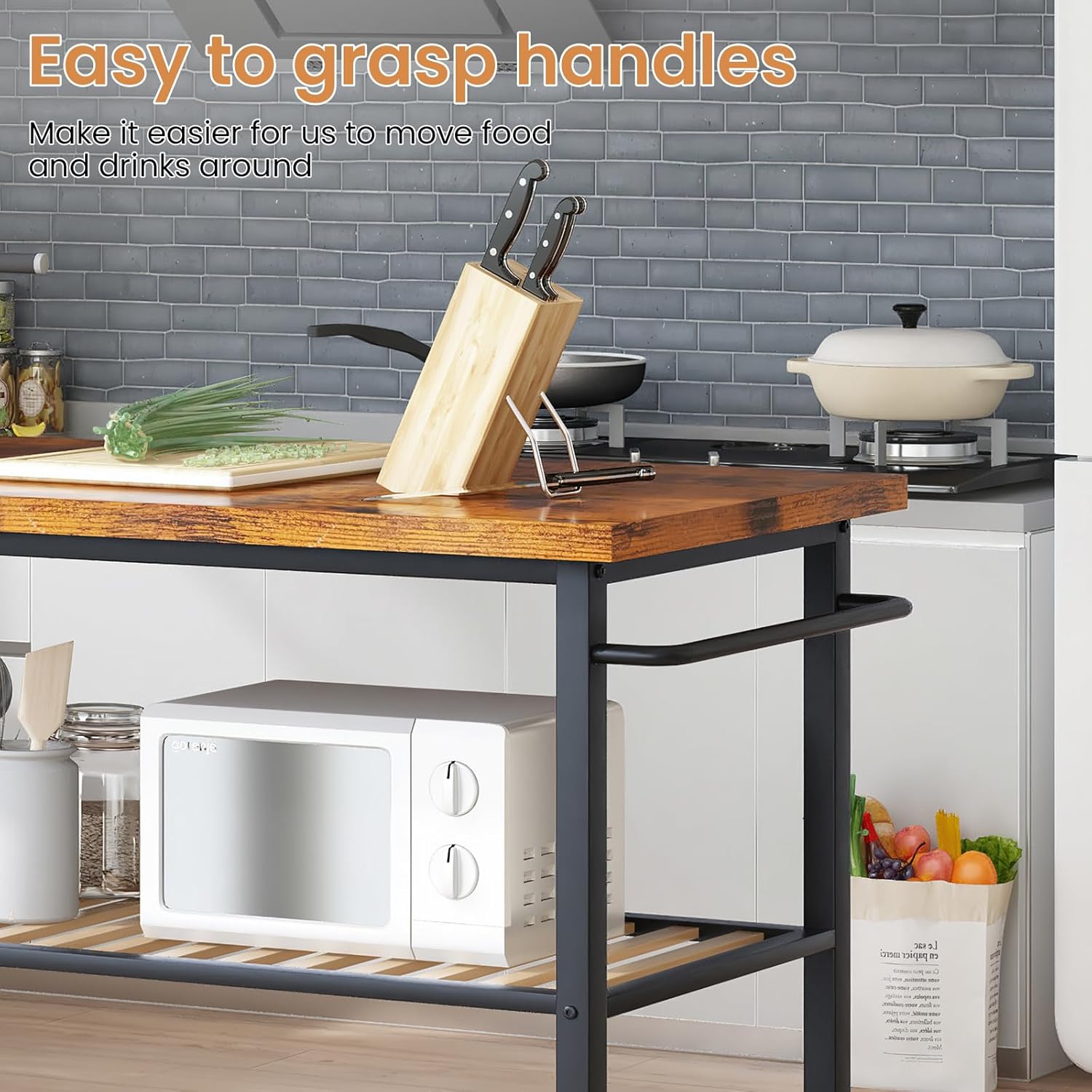 Hooseng Isla de cocina con almacenamiento, carrito de isla de cocina con 3 estantes, isla de cocina rodante, pequeña isla de cocina con marco de