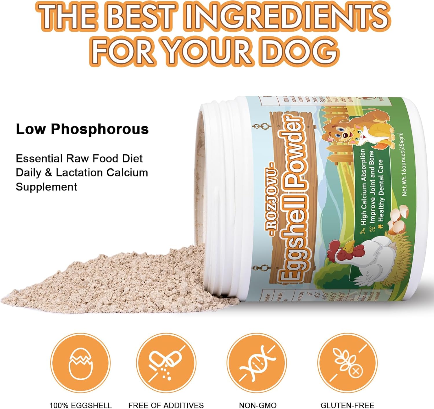 Polvo de cáscara de huevo para perros y gatos, suplemento de calcio de cáscara de huevo, ideal para la osteoporosis, nutre los huesos, apoya las